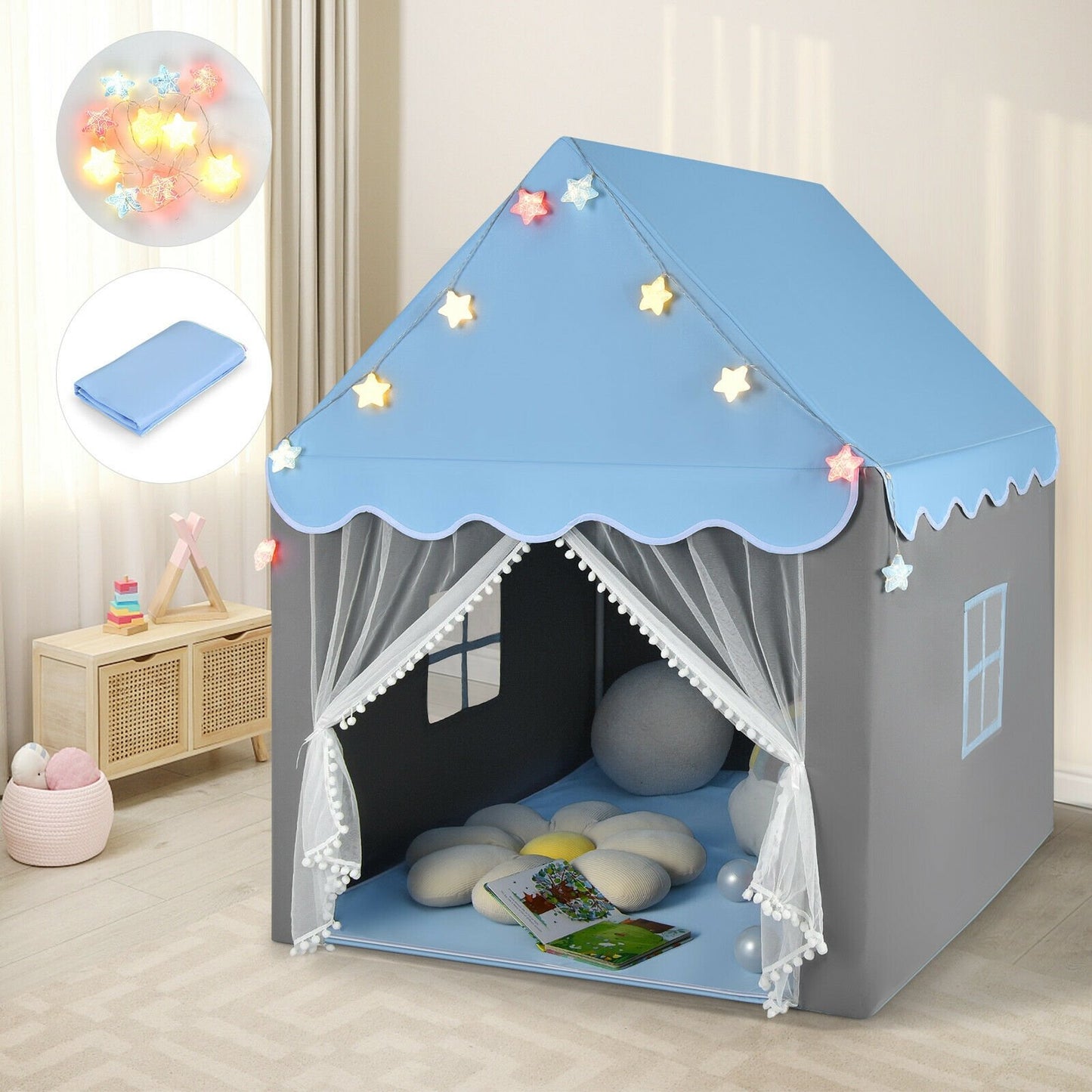 Kids Playhouse Tent with Star Lights and Mat-Beige