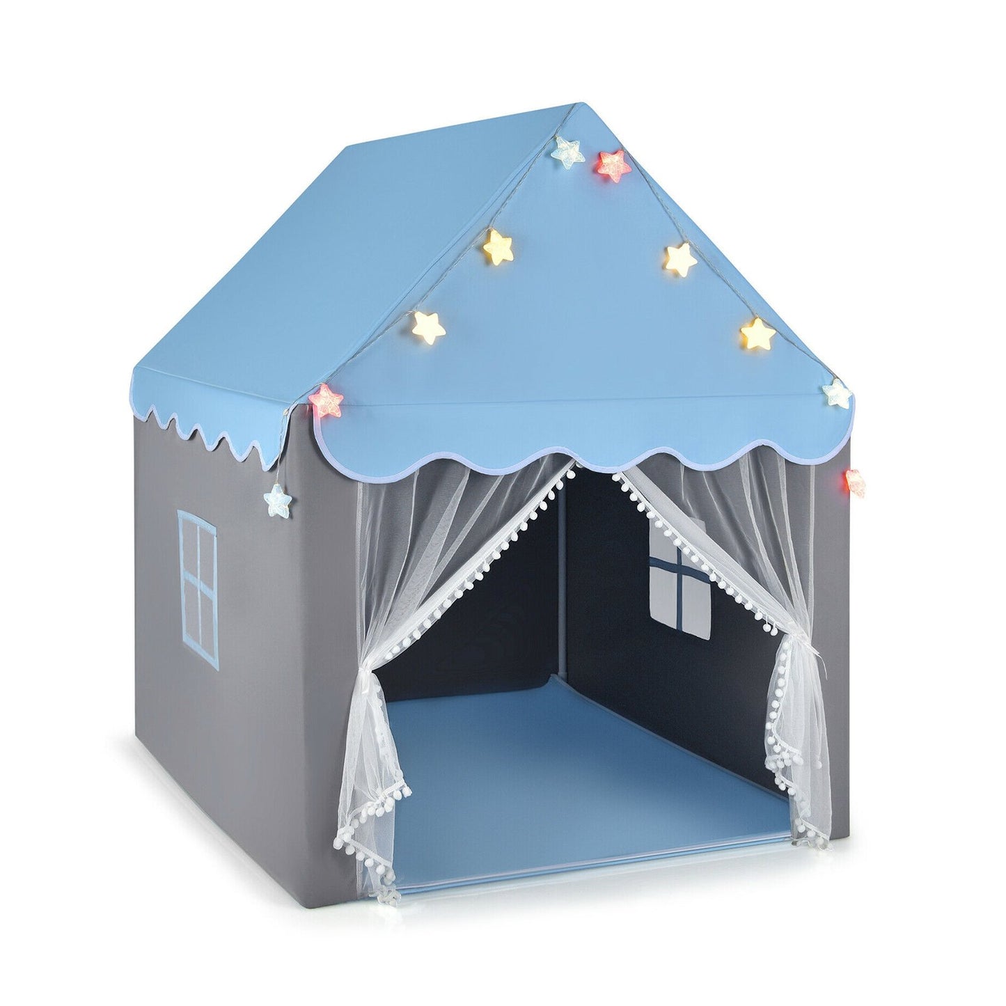 Kids Playhouse Tent with Star Lights and Mat-Beige