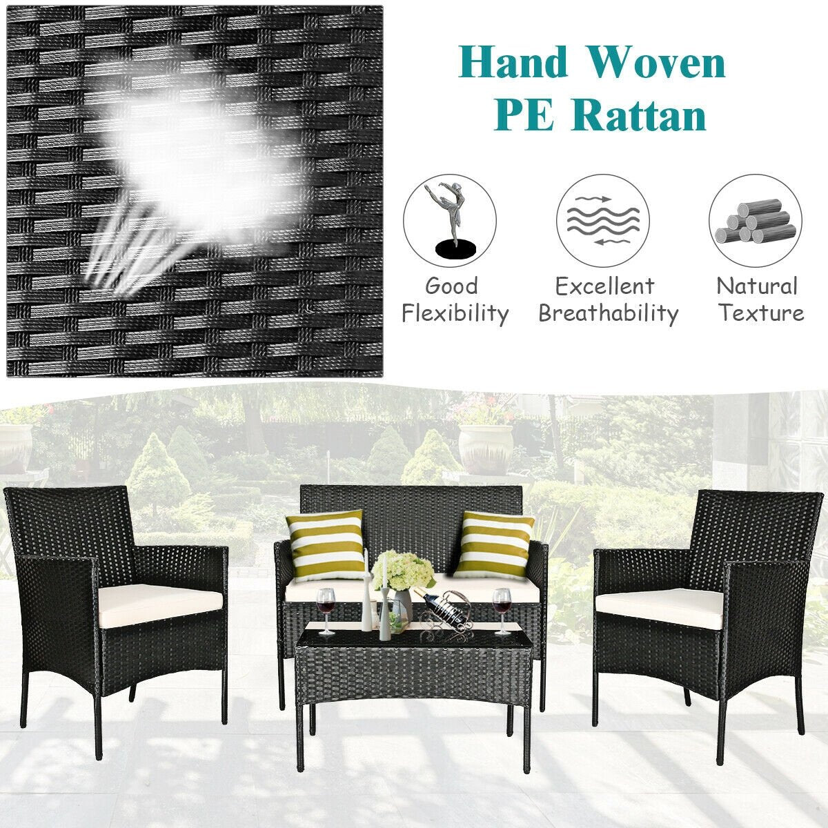 4 Pieces Patio Rattan Cushioned Sofa Set with Tempered Glass Coffee Table-Gray