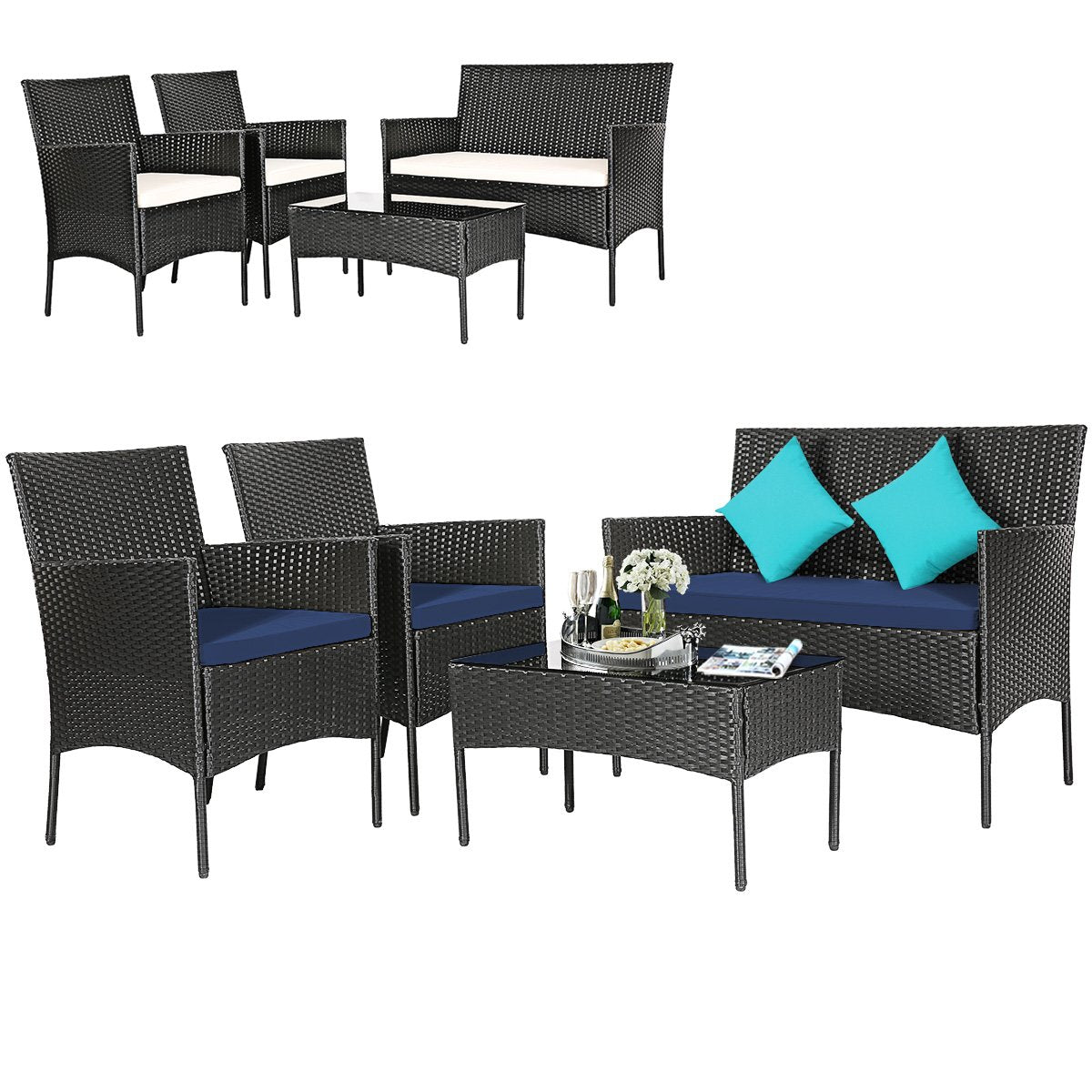 4 Pieces Patio Rattan Cushioned Sofa Set with Tempered Glass Coffee Table-Gray