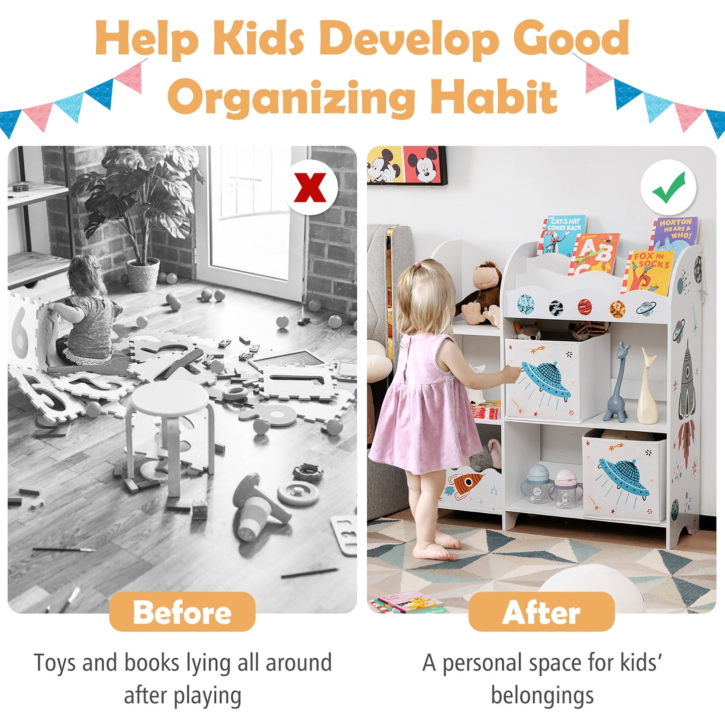Kids Toy and Book Organizer Children Wooden Storage Cabinet with Storage Bins