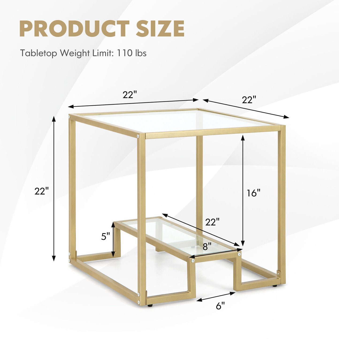 22 Inch 2-Tier Square Sofa Side Table with Tempered Glass Tabletop-Bronze