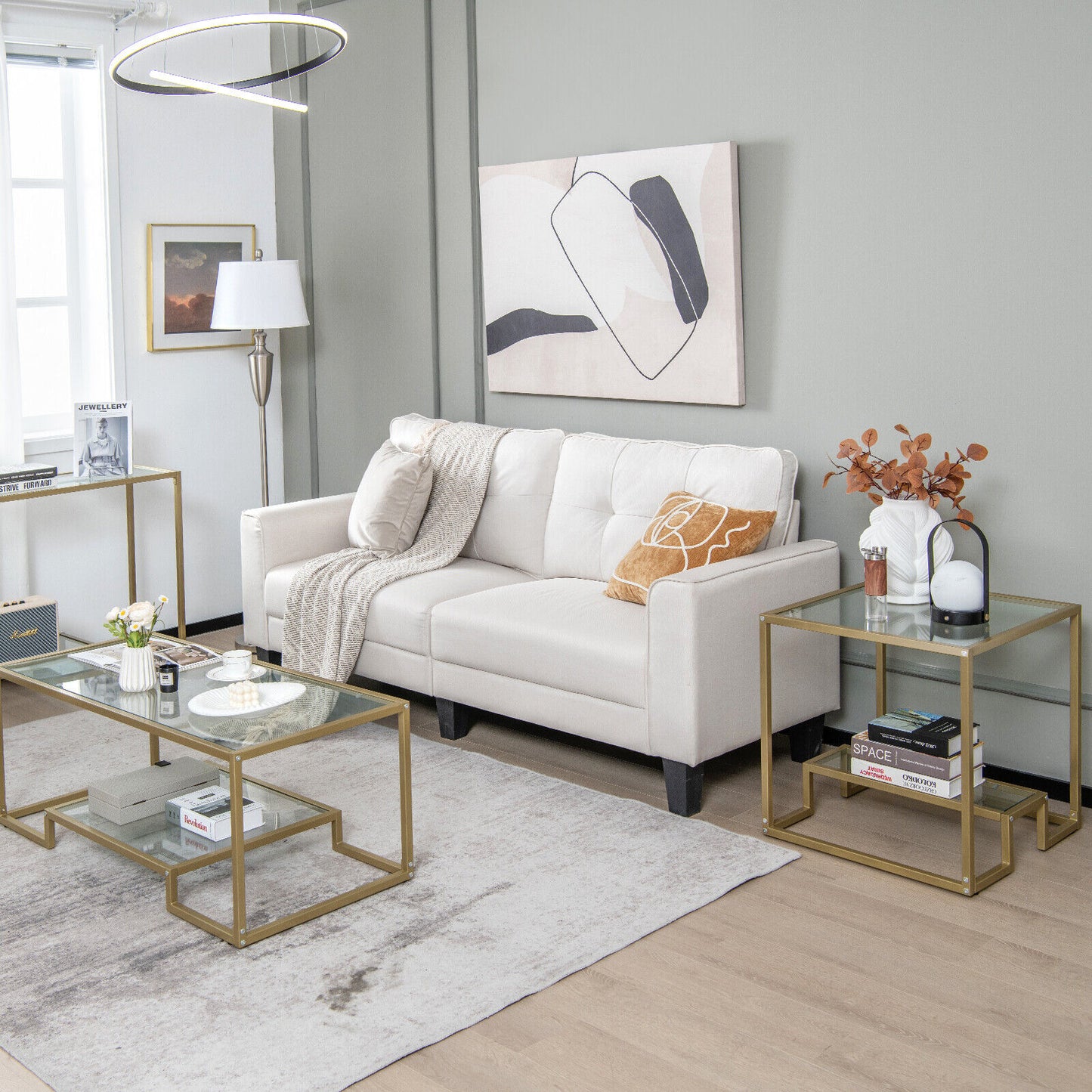 22 Inch 2-Tier Square Sofa Side Table with Tempered Glass Tabletop-Bronze