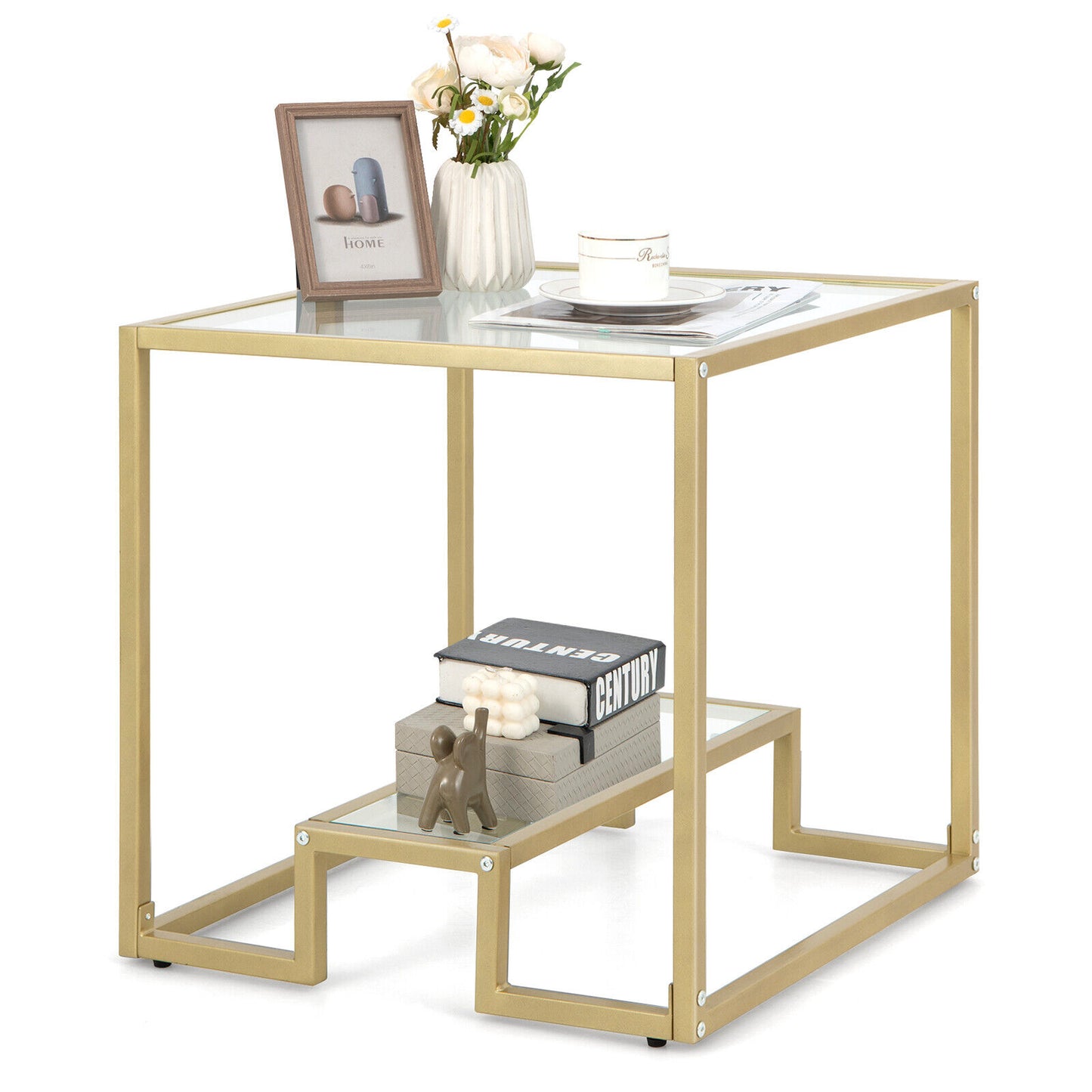 22 Inch 2-Tier Square Sofa Side Table with Tempered Glass Tabletop-Bronze