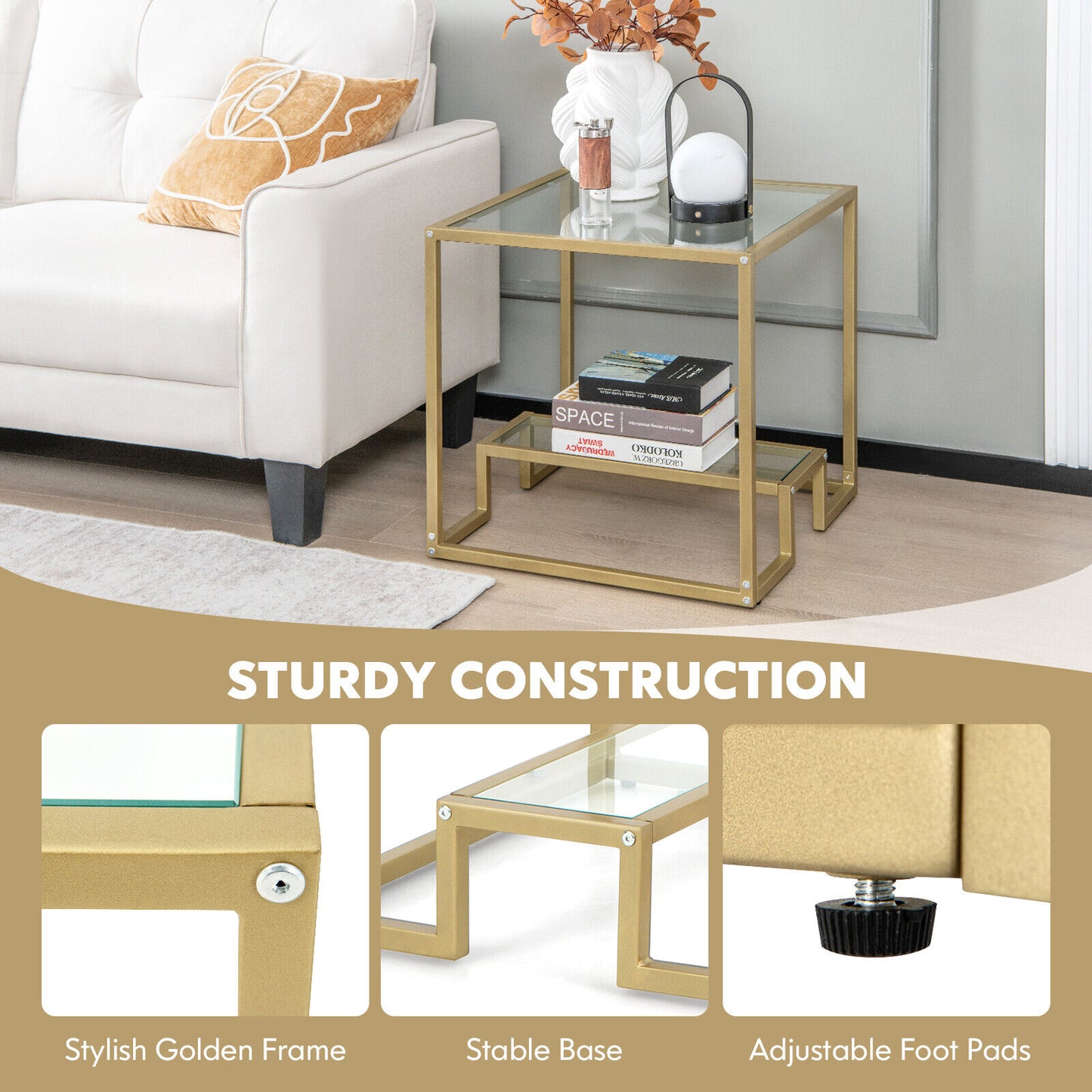 22 Inch 2-Tier Square Sofa Side Table with Tempered Glass Tabletop-Bronze