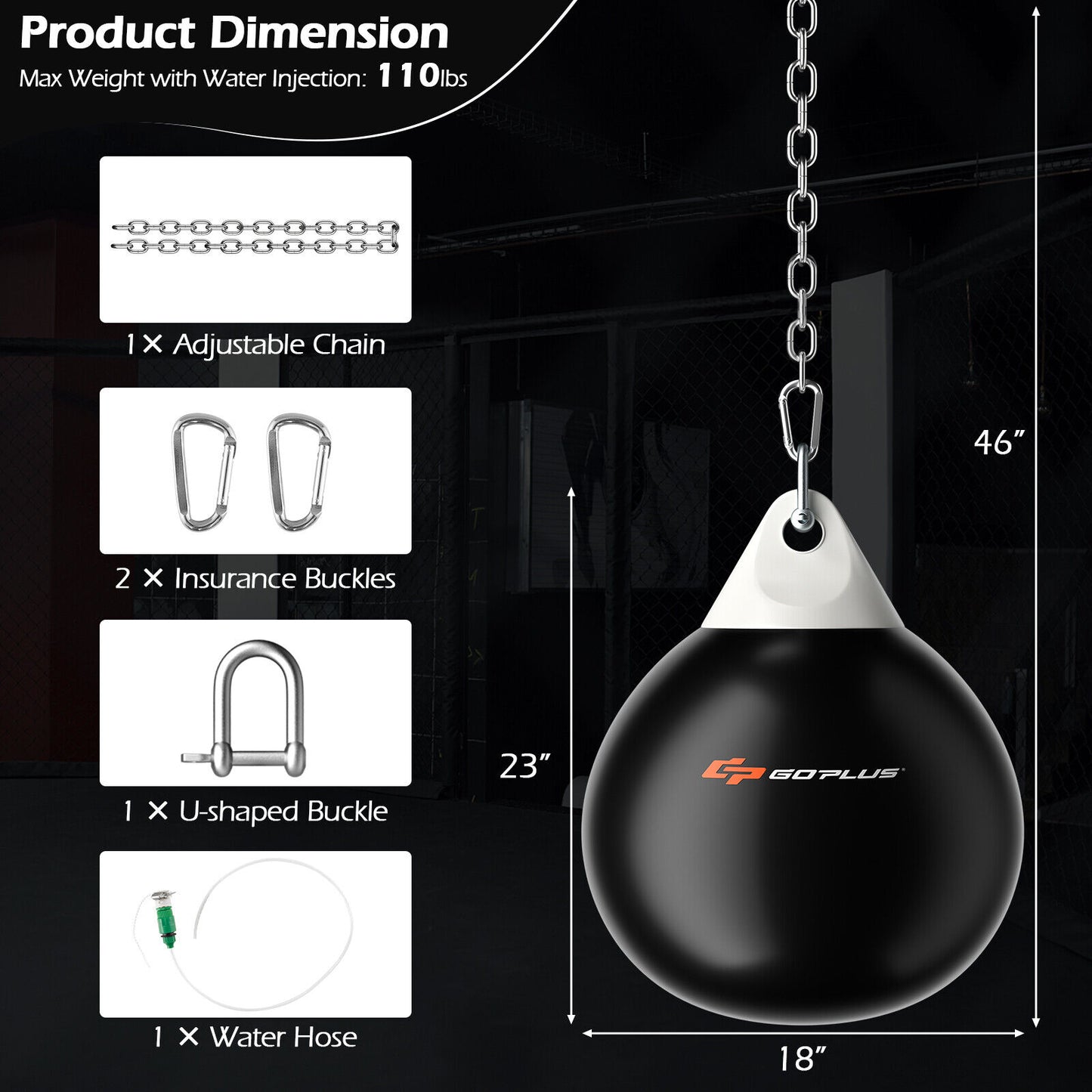 18 Inch 110 Pound Heavy Punching Water Aqua Bag with Adjustable Metal Chain-Black
