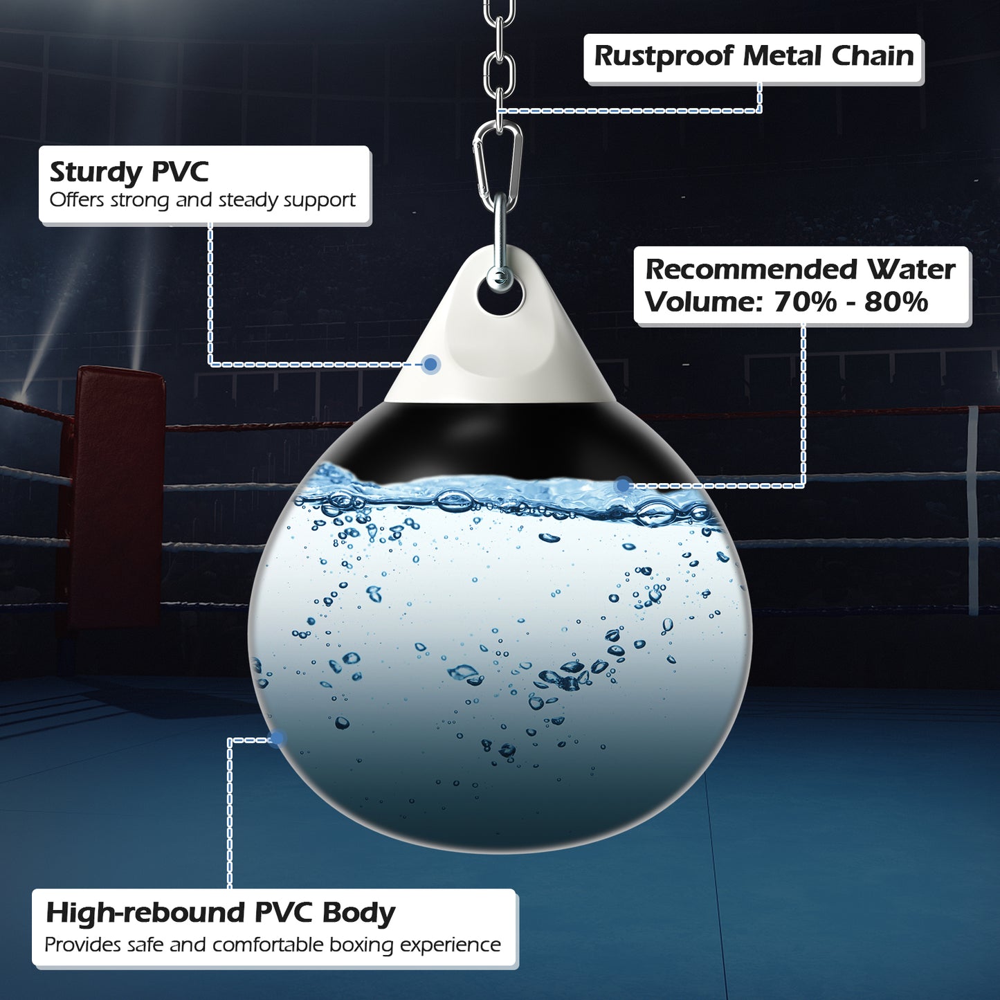 18 Inch 110 Pound Heavy Punching Water Aqua Bag with Adjustable Metal Chain-Black