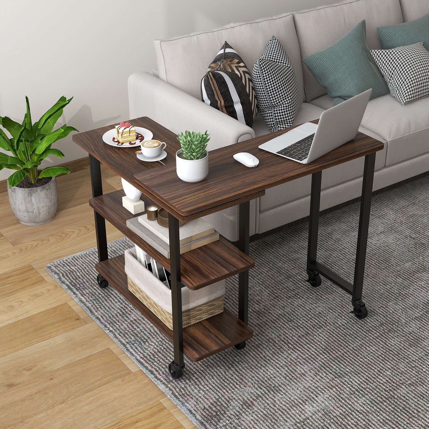 360° Rotating Sofa Side Table with Storage Shelves and Wheels-Brown
