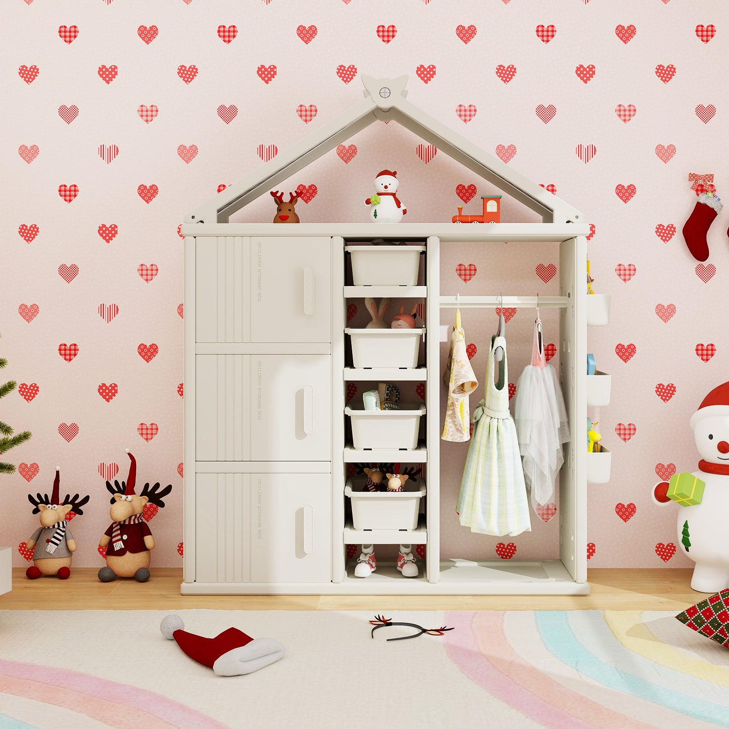 Kids Costume Storage Closet with Storage Bins and Shelves and Side Baskets for Kids Room-Gray