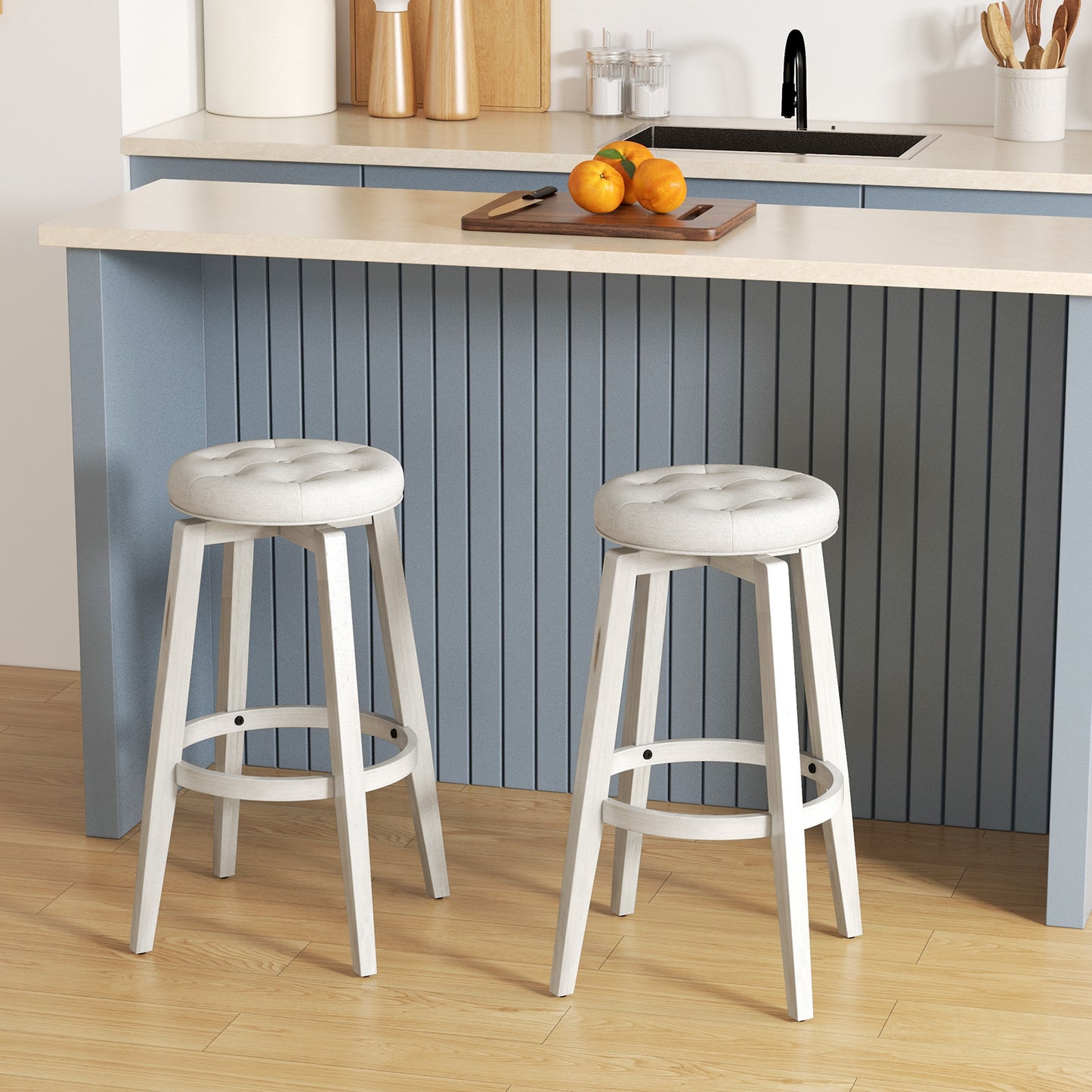 Swivel Upholstered Rubberwood Frame Bar Stool Set of 2 with Footrest-29 inches