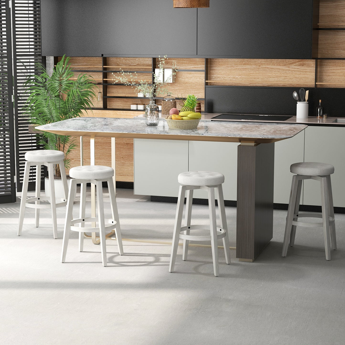 Swivel Upholstered Rubberwood Frame Bar Stool Set of 2 with Footrest-29 inches