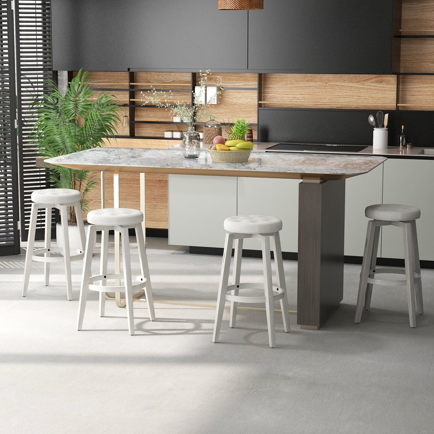 Swivel Upholstered Rubberwood Frame Bar Stool Set of 2 with Footrest-24 inches