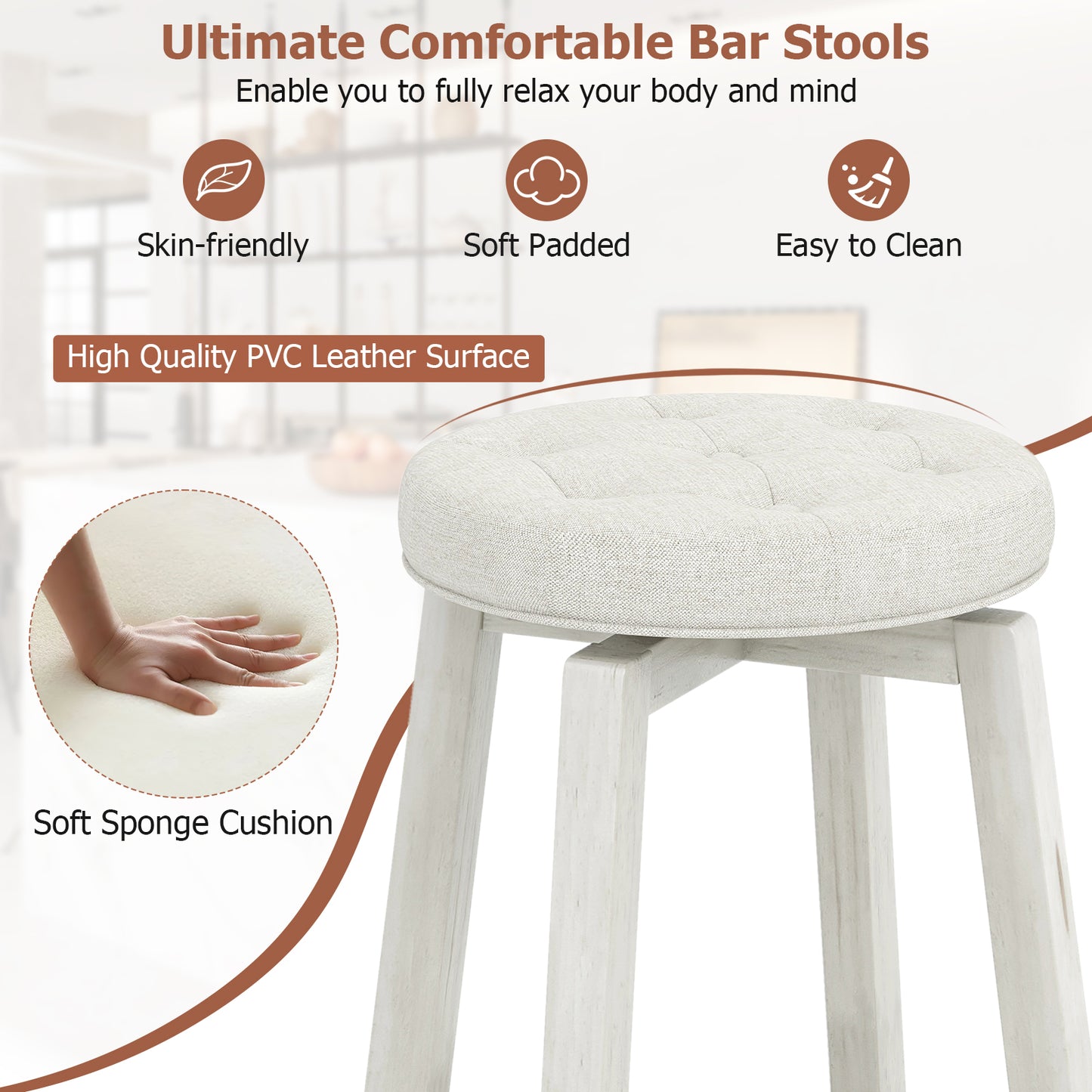 Swivel Upholstered Rubberwood Frame Bar Stool Set of 2 with Footrest-29 inches