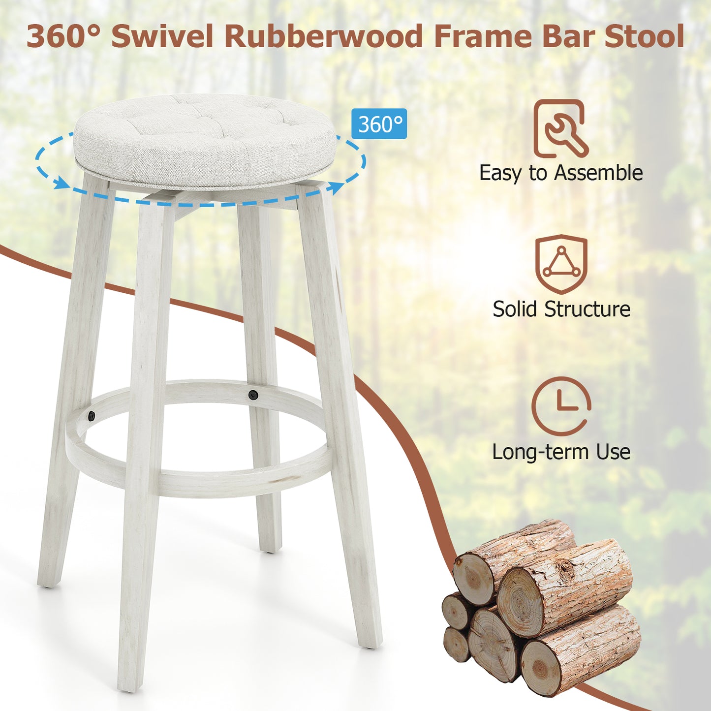 Swivel Upholstered Rubberwood Frame Bar Stool Set of 2 with Footrest-29 inches