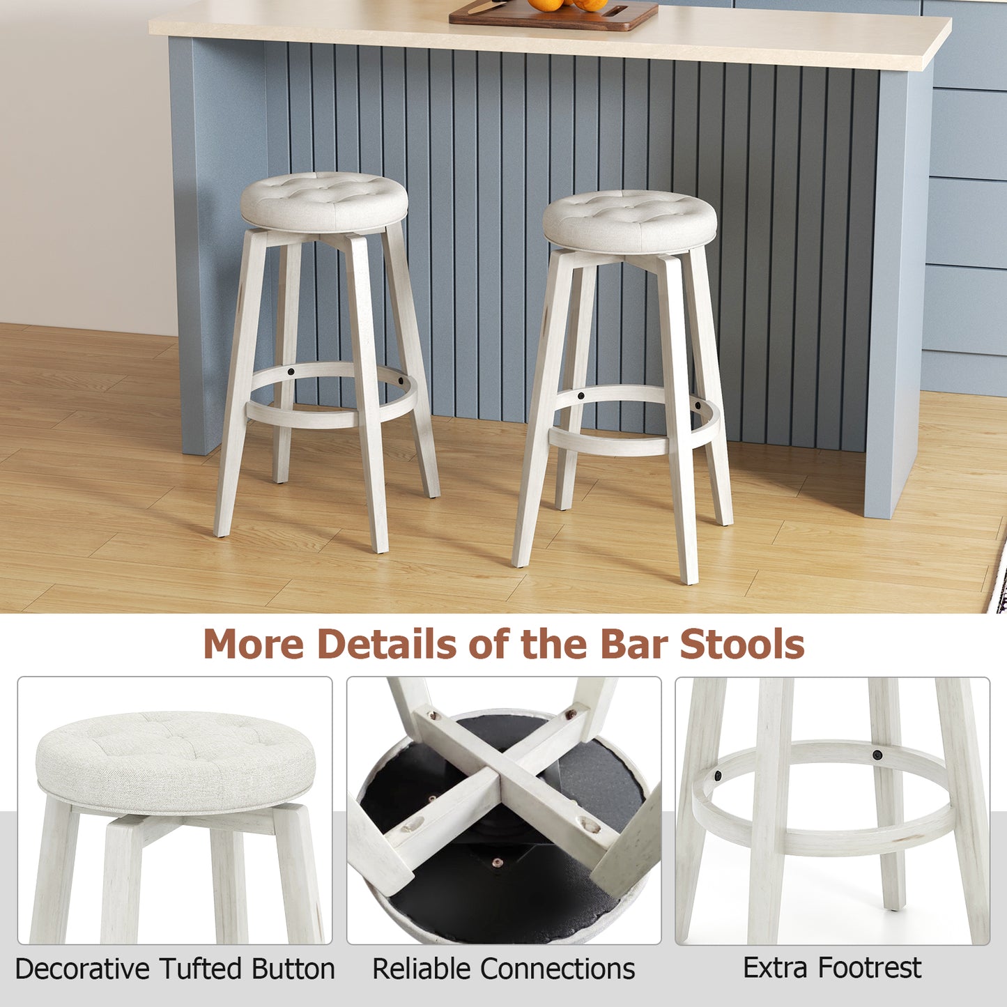 Swivel Upholstered Rubberwood Frame Bar Stool Set of 2 with Footrest-29 inches