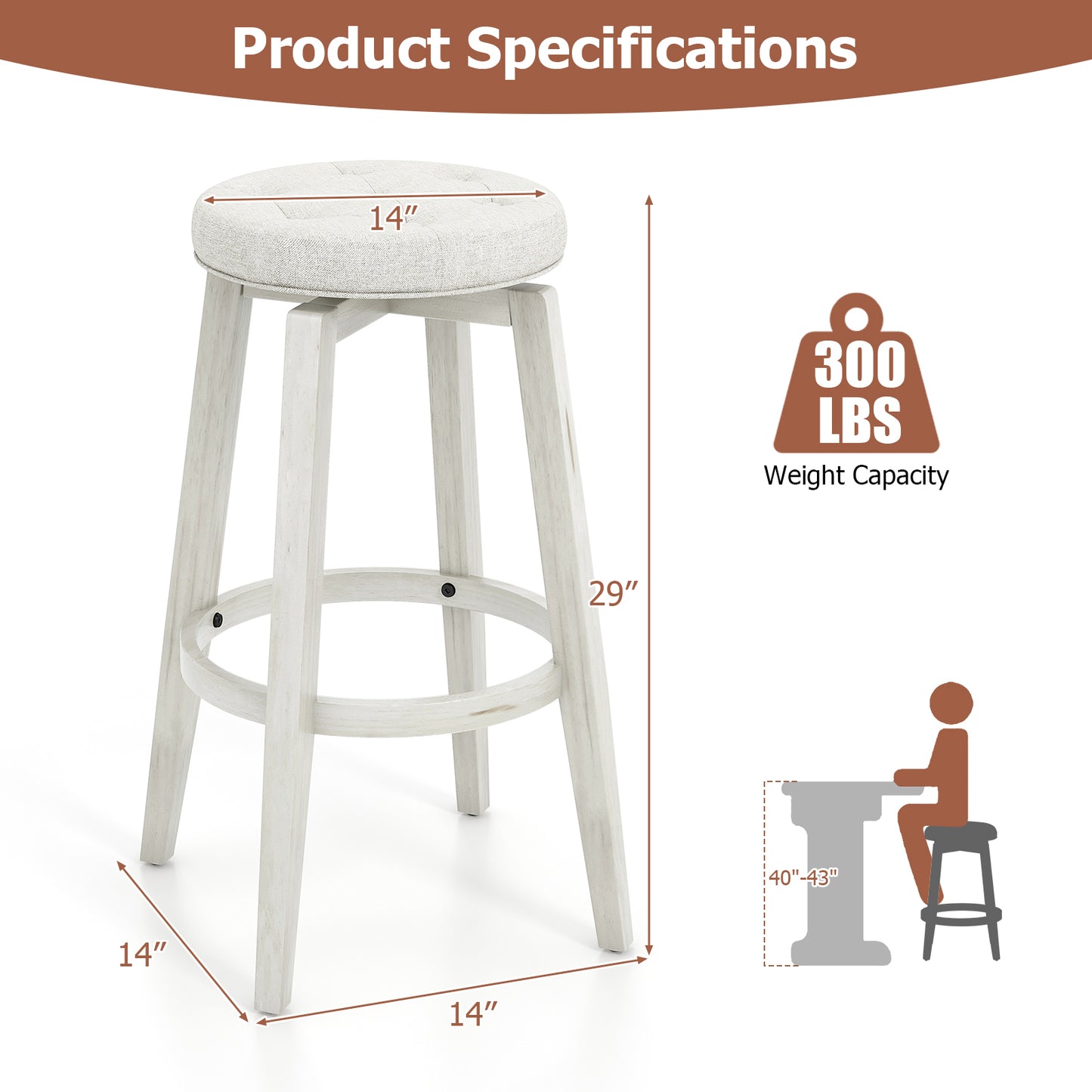 Swivel Upholstered Rubberwood Frame Bar Stool Set of 2 with Footrest-29 inches