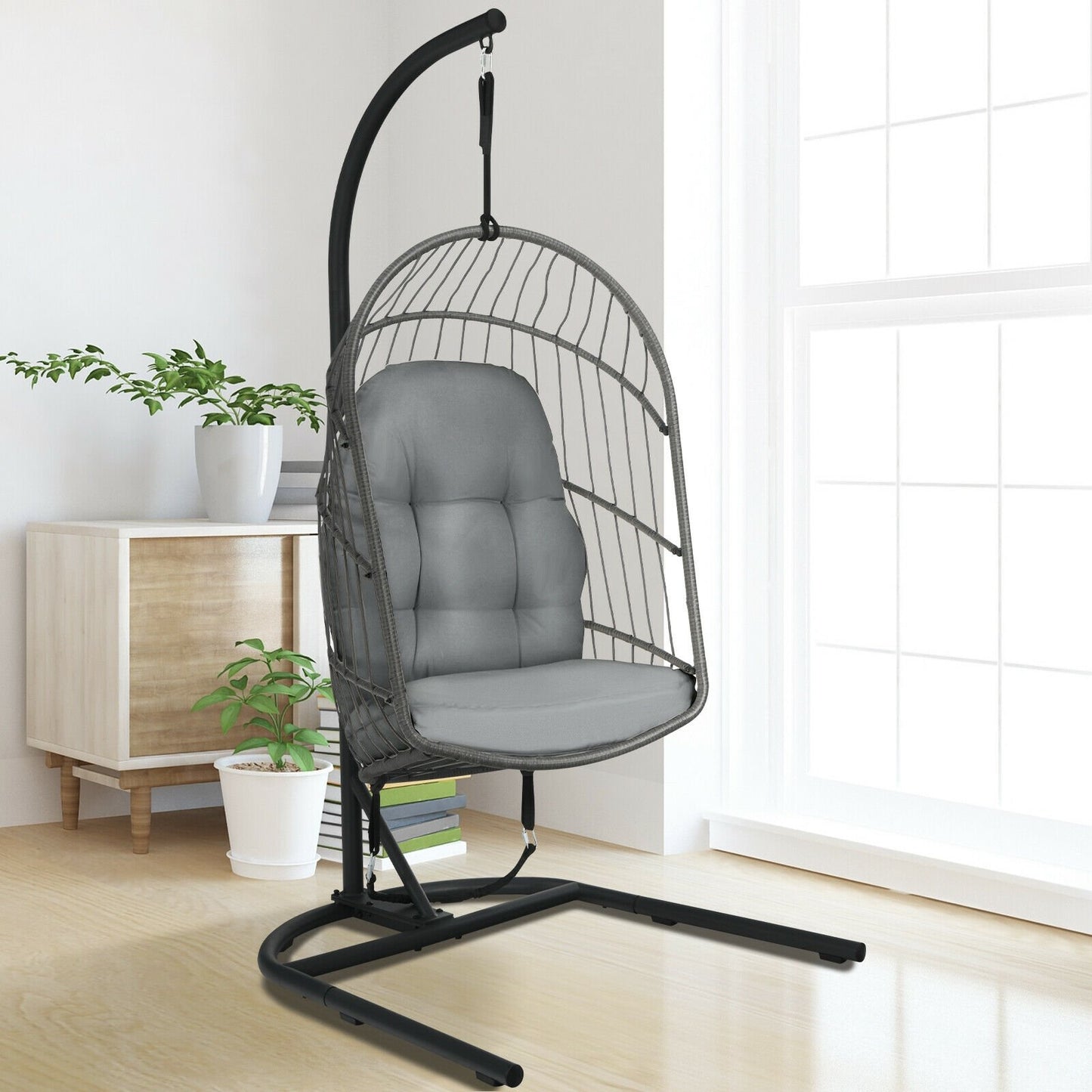 Hanging Wicker Egg Chair with Stand -Beige