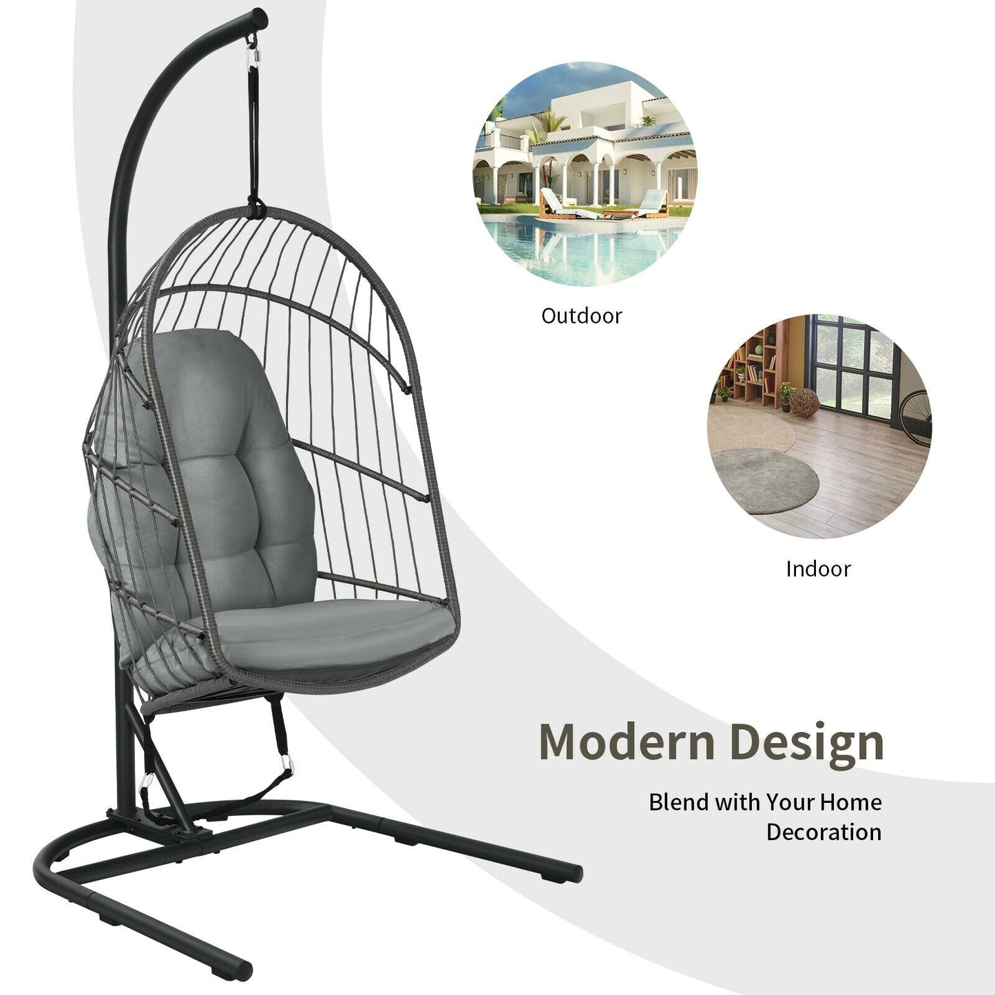 Hanging Wicker Egg Chair with Stand -Beige
