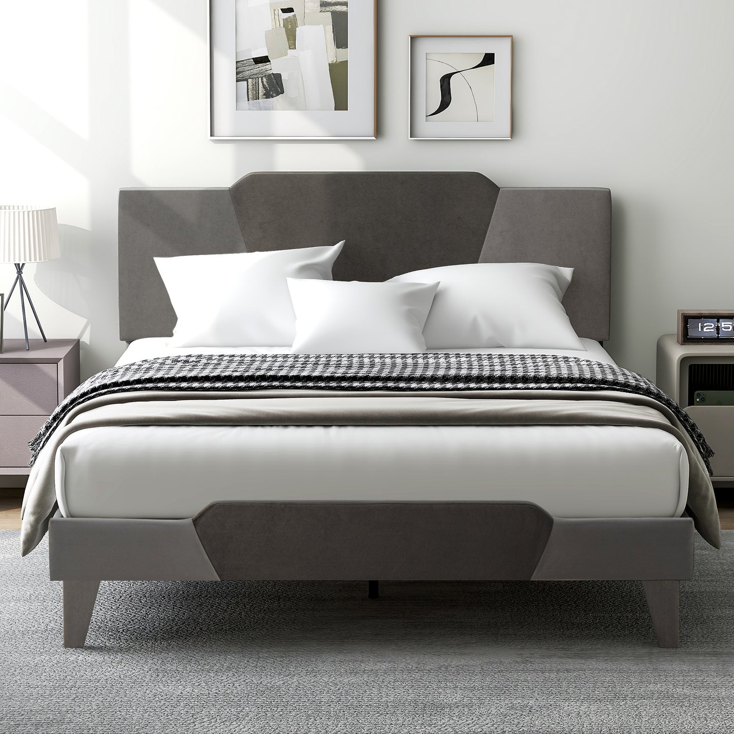 Full/Queen/Twin Velvet Upholstered Bed Frame with High Headboard-Queen Size