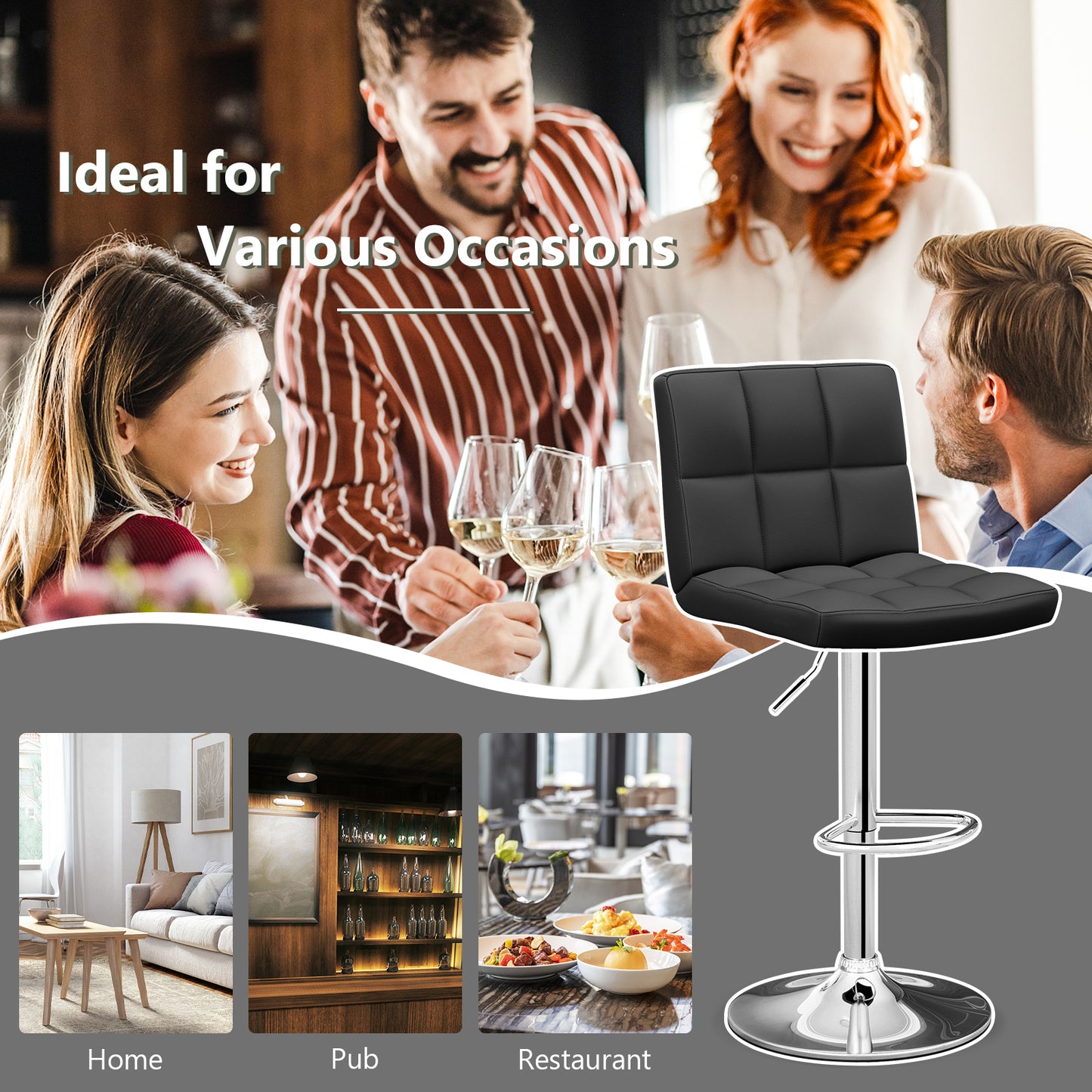 Adjustable Swivel Bar Stool with PU Leather-Black