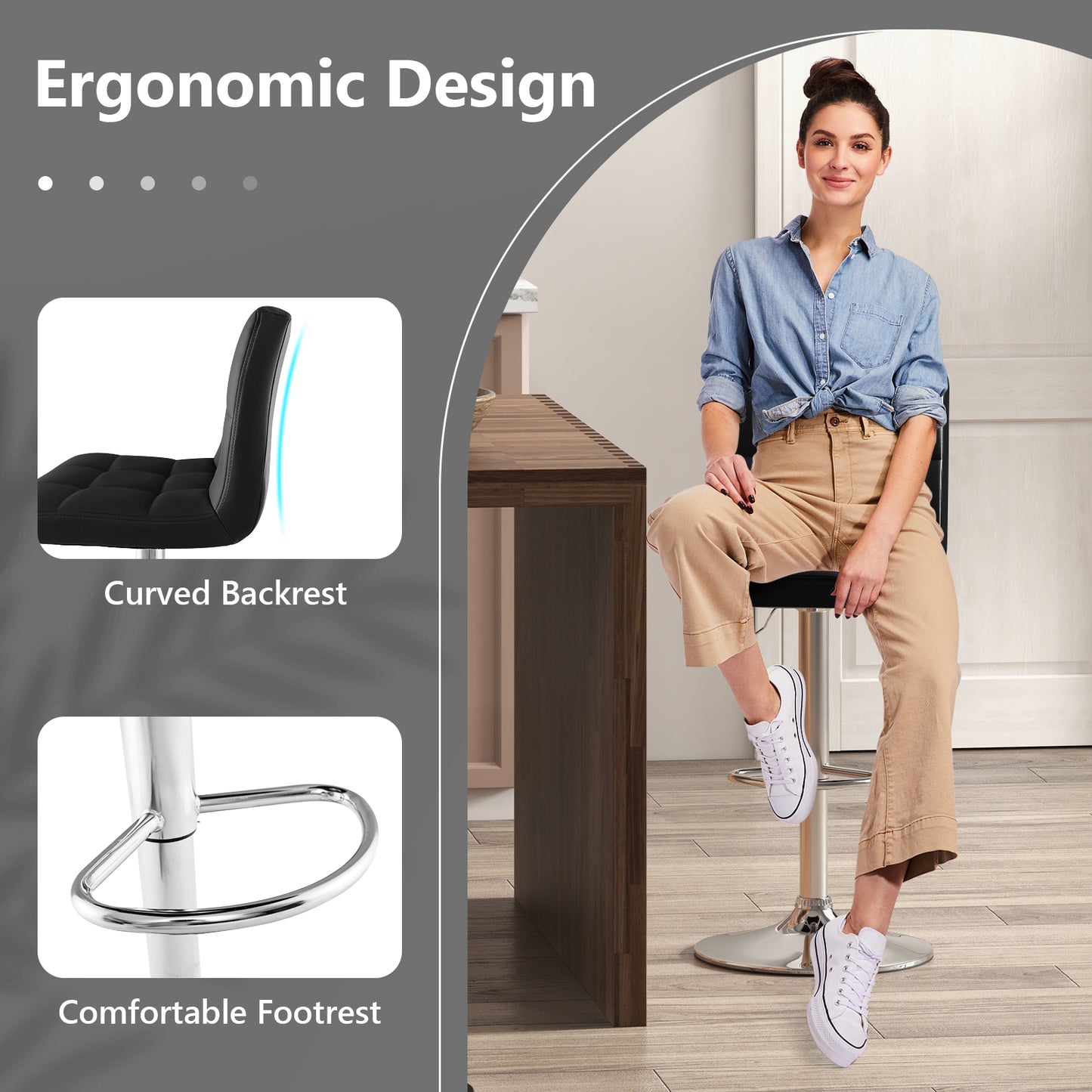 Adjustable Swivel Bar Stool with PU Leather-Black