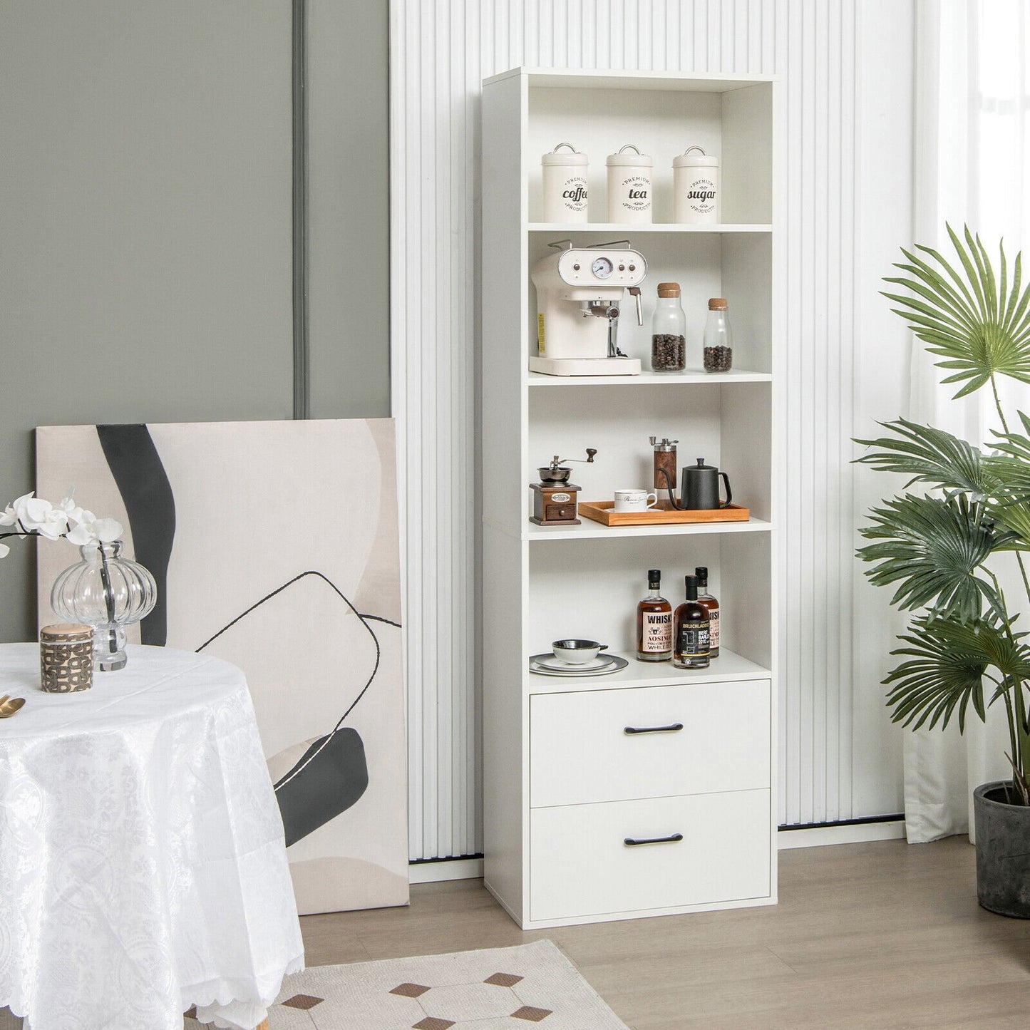 6-Tier Tall Freestanding Bookshelf with 4 Open Shelves and 2 Drawers-Black