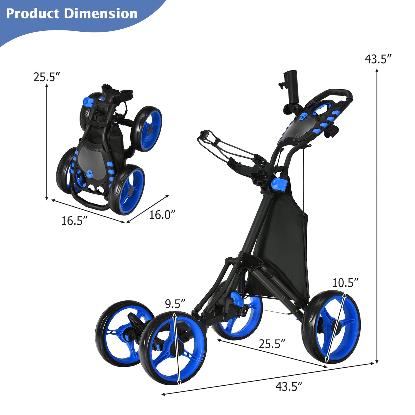 Lightweight Foldable Collapsible 4 Wheels Golf Push Cart-Blue