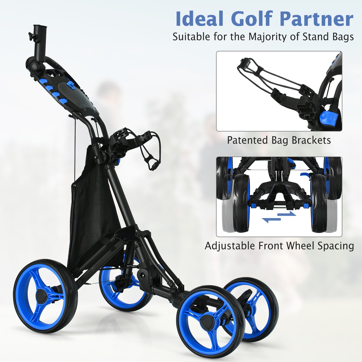 Lightweight Foldable Collapsible 4 Wheels Golf Push Cart-Blue