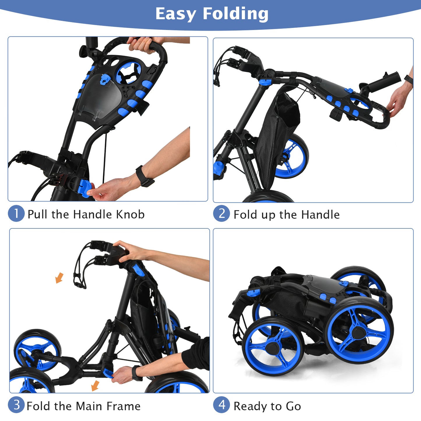 Lightweight Foldable Collapsible 4 Wheels Golf Push Cart-Blue