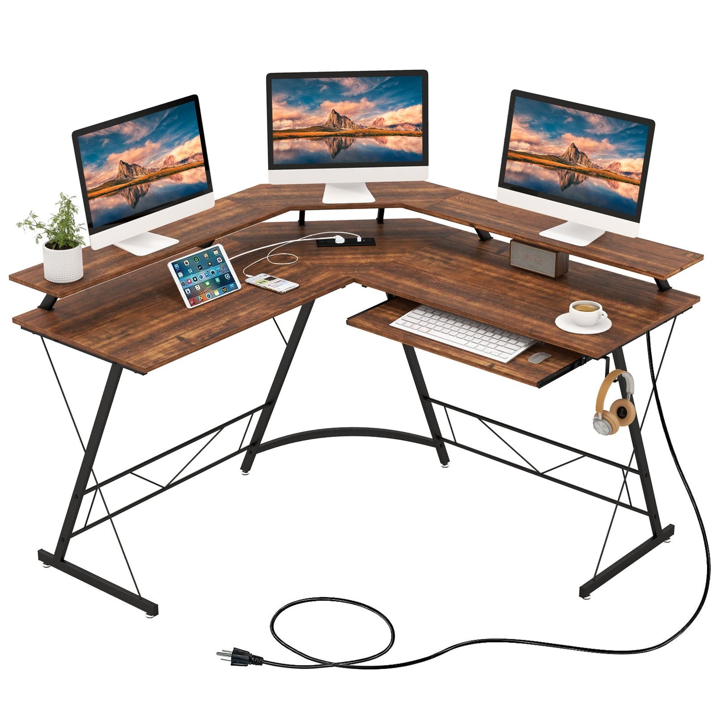 L-shaped Computer Desk with Power Outlet and Monitor Stand-Black