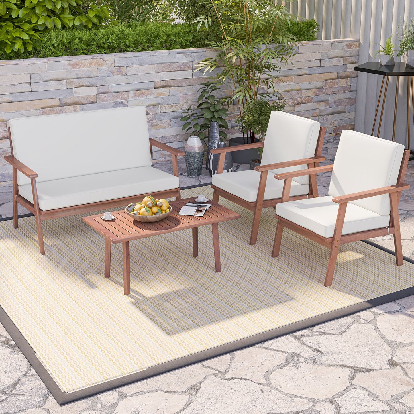 4 Piece Outdoor Acacia Wood Conversation Set with Soft Seat and Back Cushions-Gray