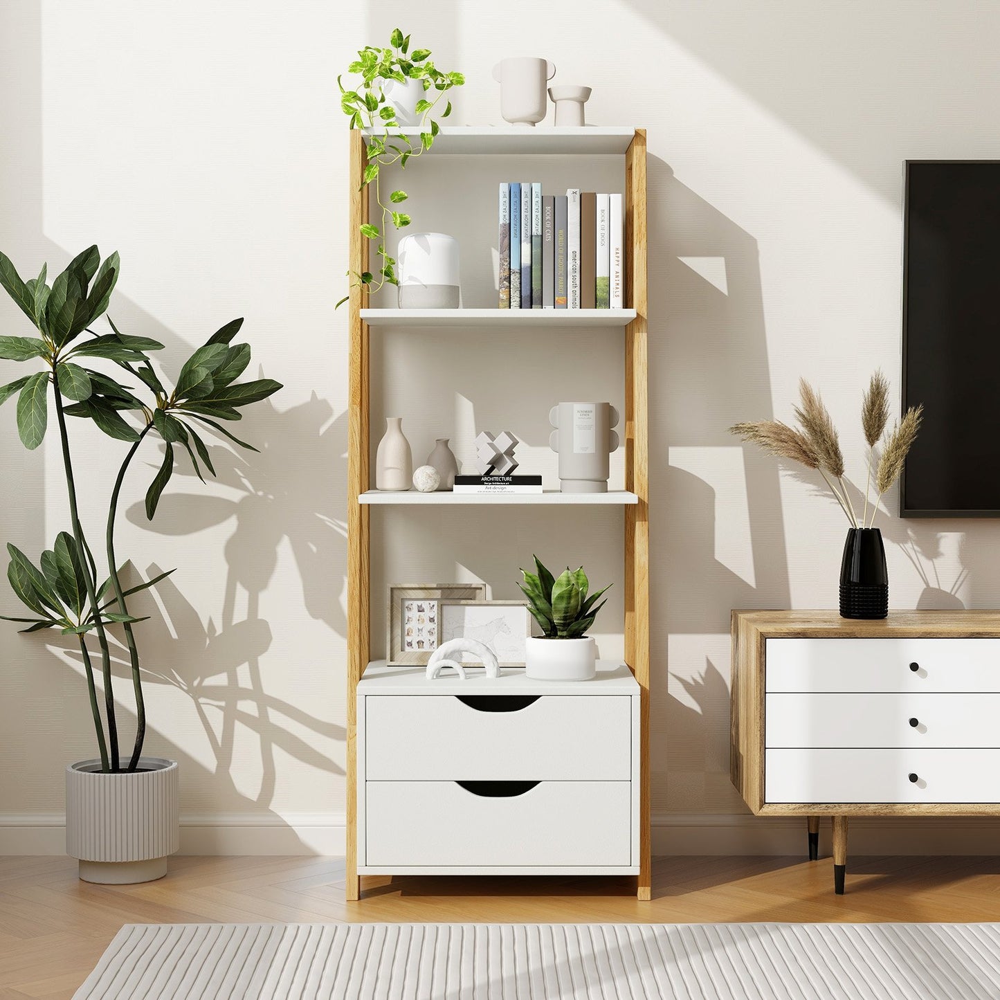 4-Tier Ladder Bookshelf Storage Display with 2 Drawers