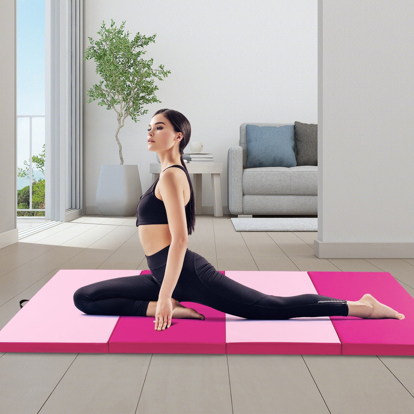 4-Panel PU Leather Folding Exercise Mat with Carrying Handles-Black