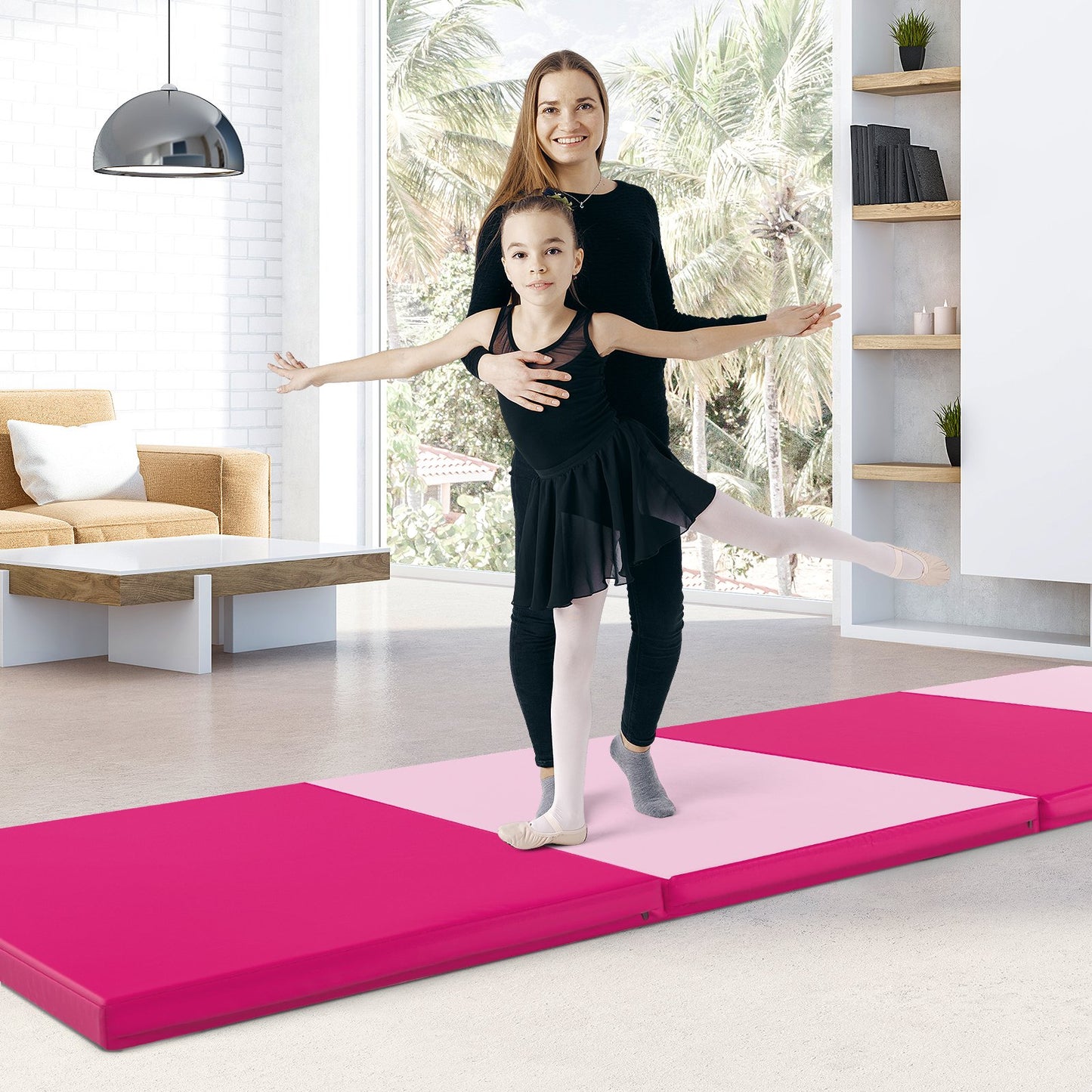 4-Panel PU Leather Folding Exercise Mat with Carrying Handles-Black