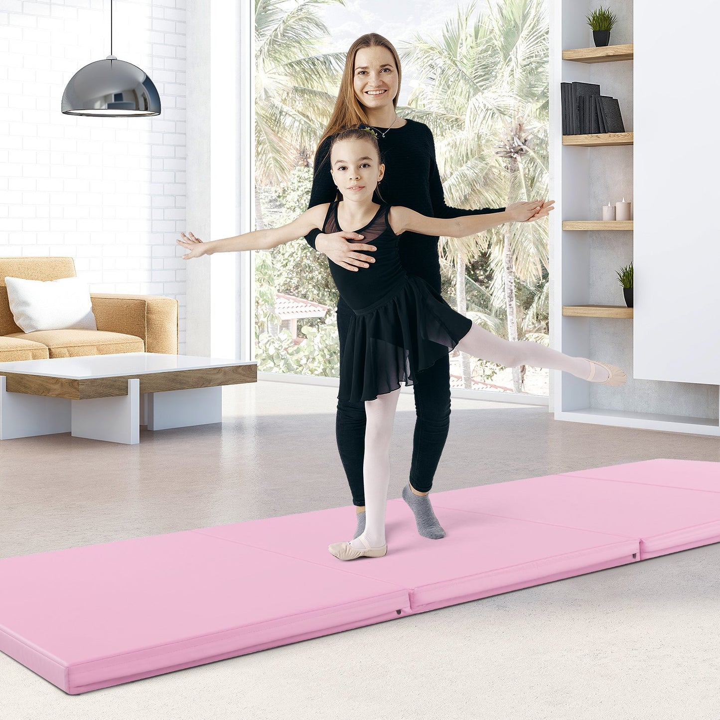 4-Panel PU Leather Folding Exercise Mat with Carrying Handles-Black