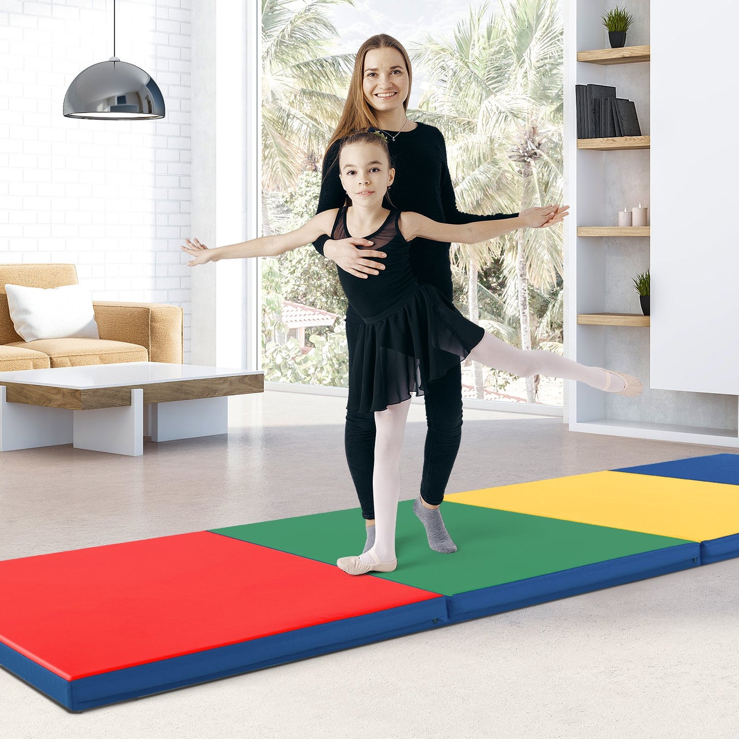 4-Panel PU Leather Folding Exercise Mat with Carrying Handles-Black