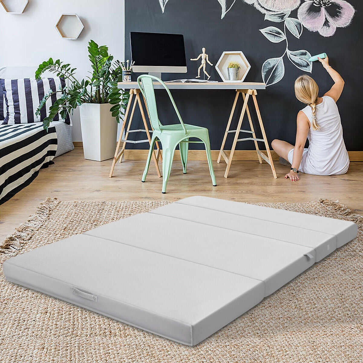 4 Inch Folding Sofa Bed Foam Mattress with Handles-Queen Size