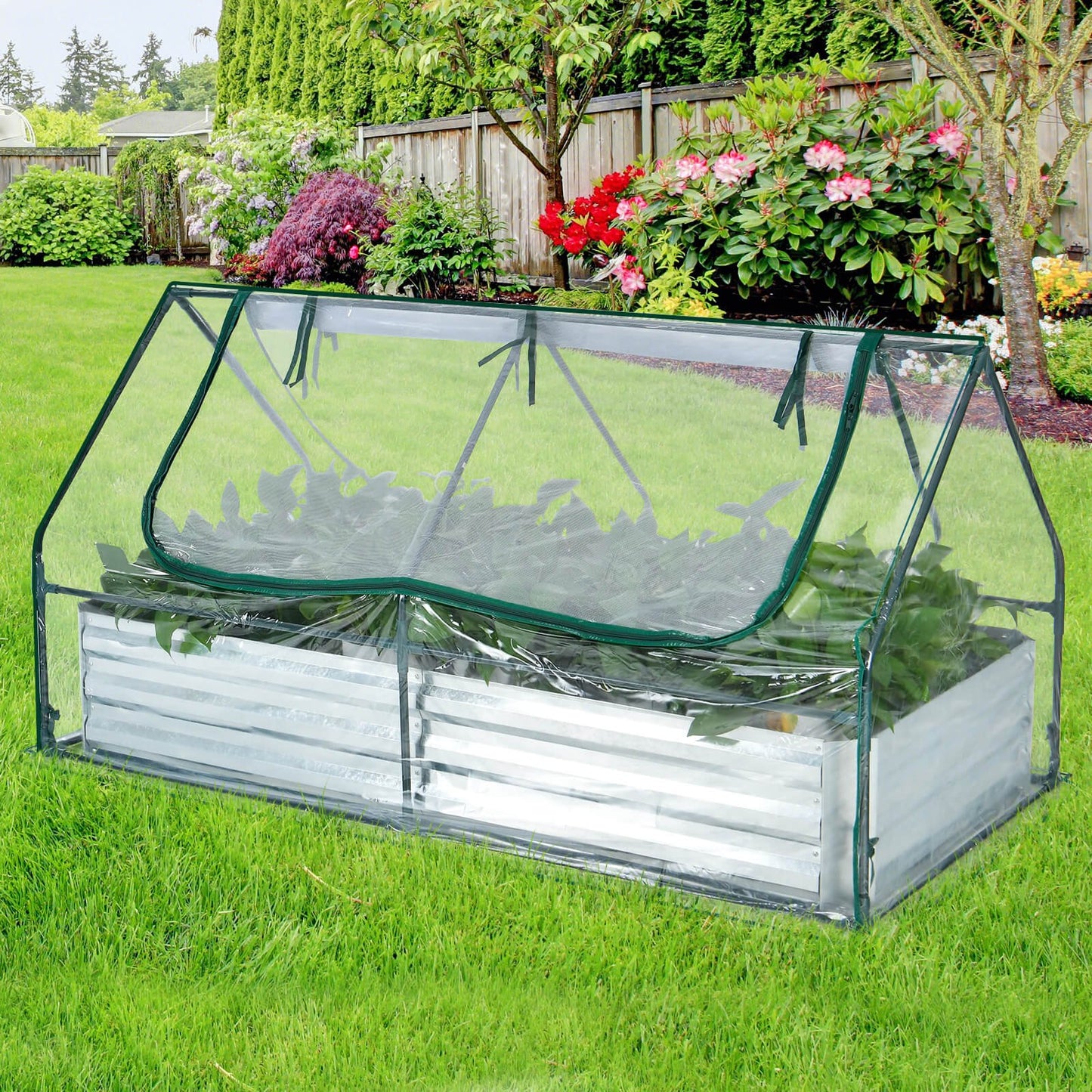 6 x 3 x 3 Feet Galvanized Raised Garden Bed with Greenhouse-Green