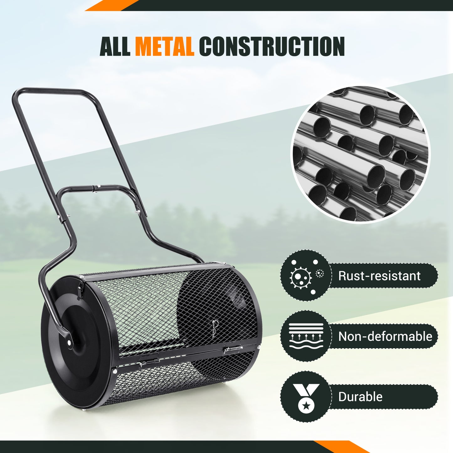 24” Peat Moss Spreader with Upgrade Side Latches and U-shape Handle-Black