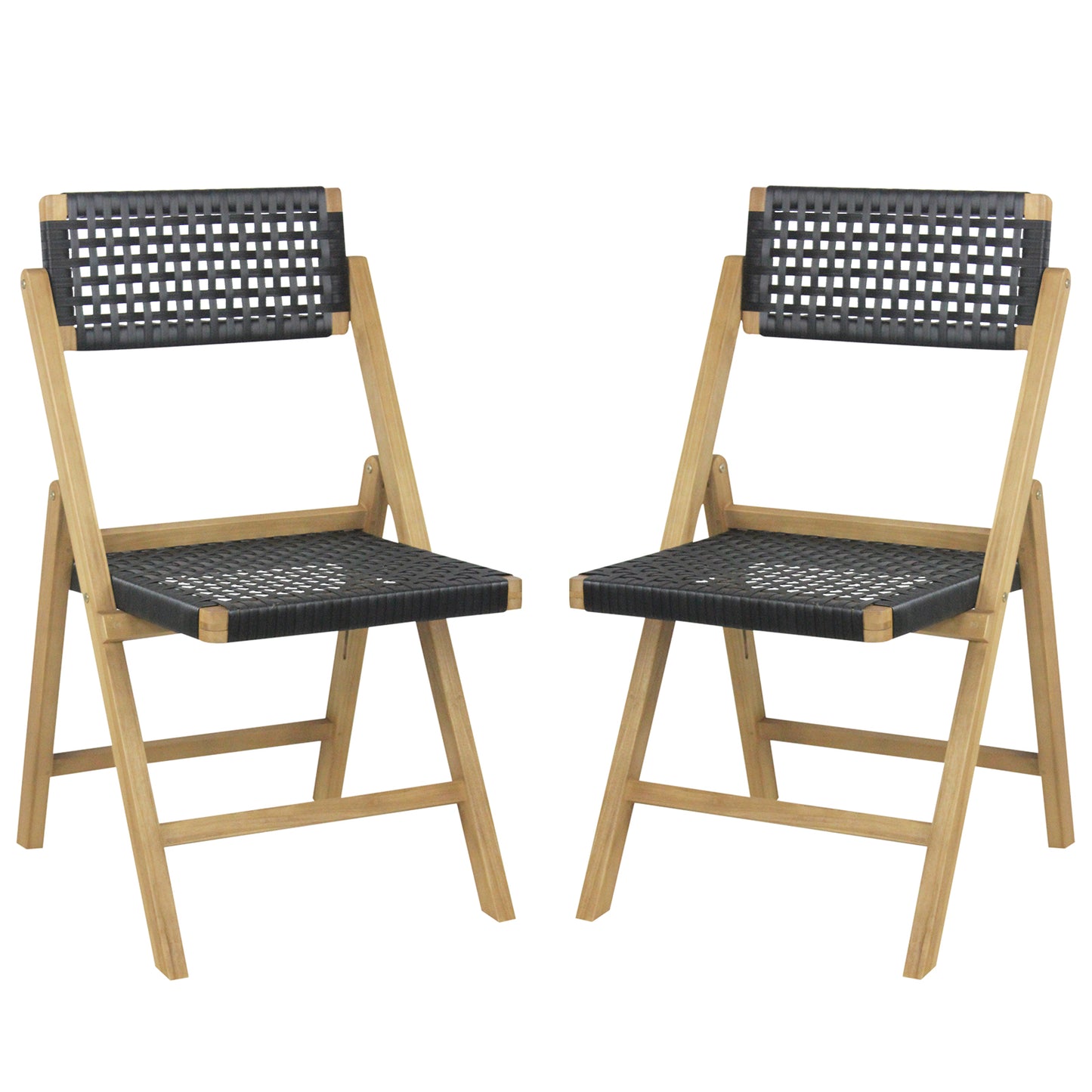 Set of 2 Folding Chairs Indonesia Teak Wood Dining Chairs with Woven Rope Seat and Back