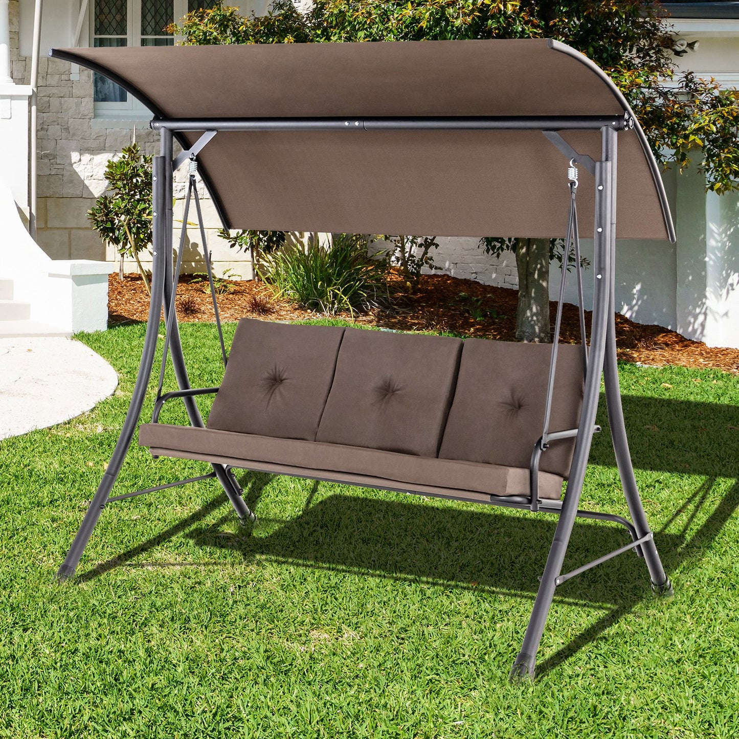 3-Seat Outdoor Porch Swing with Adjustable Canopy and Padded Cushions-Beige