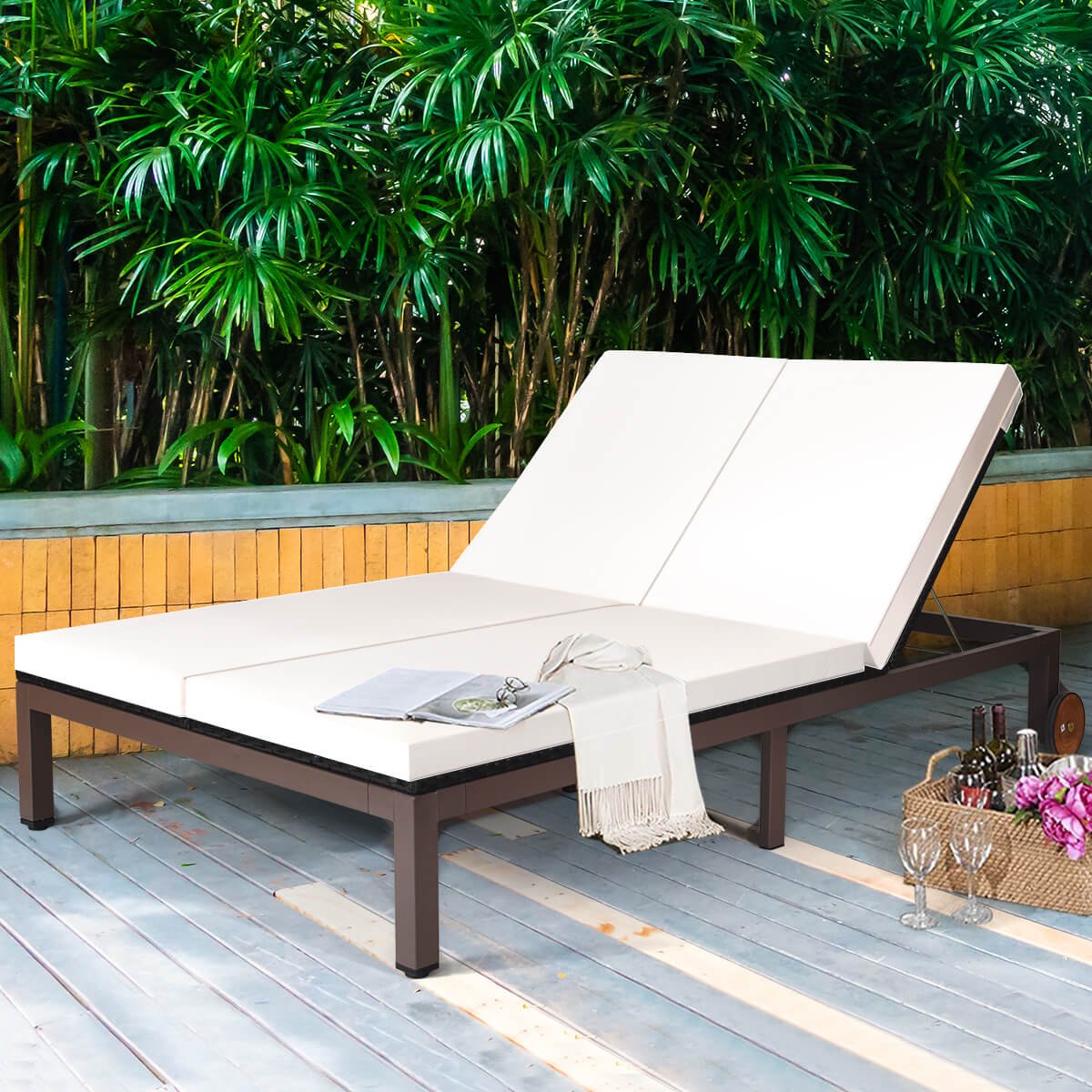 2-Person Patio Rattan Lounge Chair with Adjustable Backrest-Red