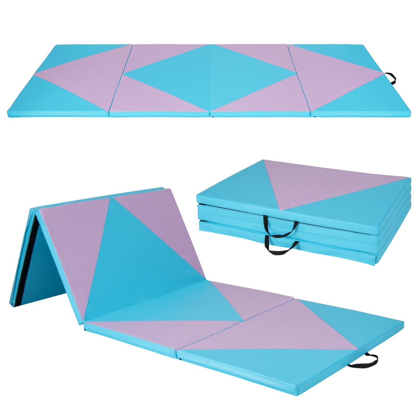 4-Panel PU Leather Folding Exercise Gym Mat with Hook and Loop Fasteners-Black & Pink