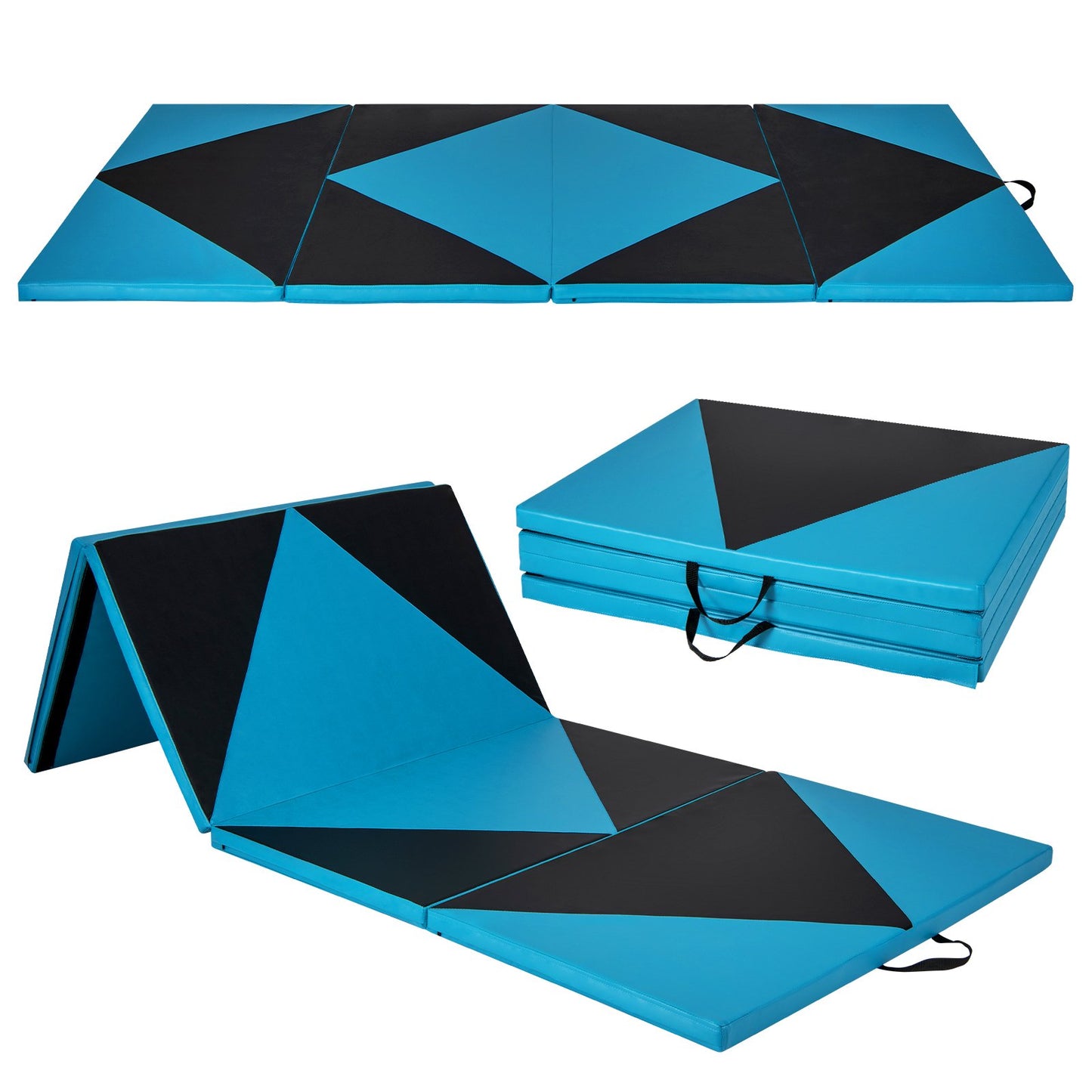 4-Panel PU Leather Folding Exercise Gym Mat with Hook and Loop Fasteners-Black & Pink
