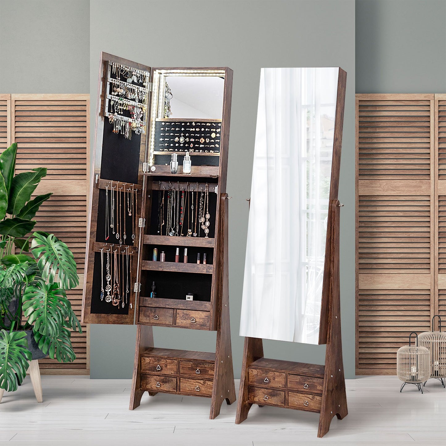 Freestanding Full Length LED Mirrored Jewelry Armoire with 6 Drawers-Black
