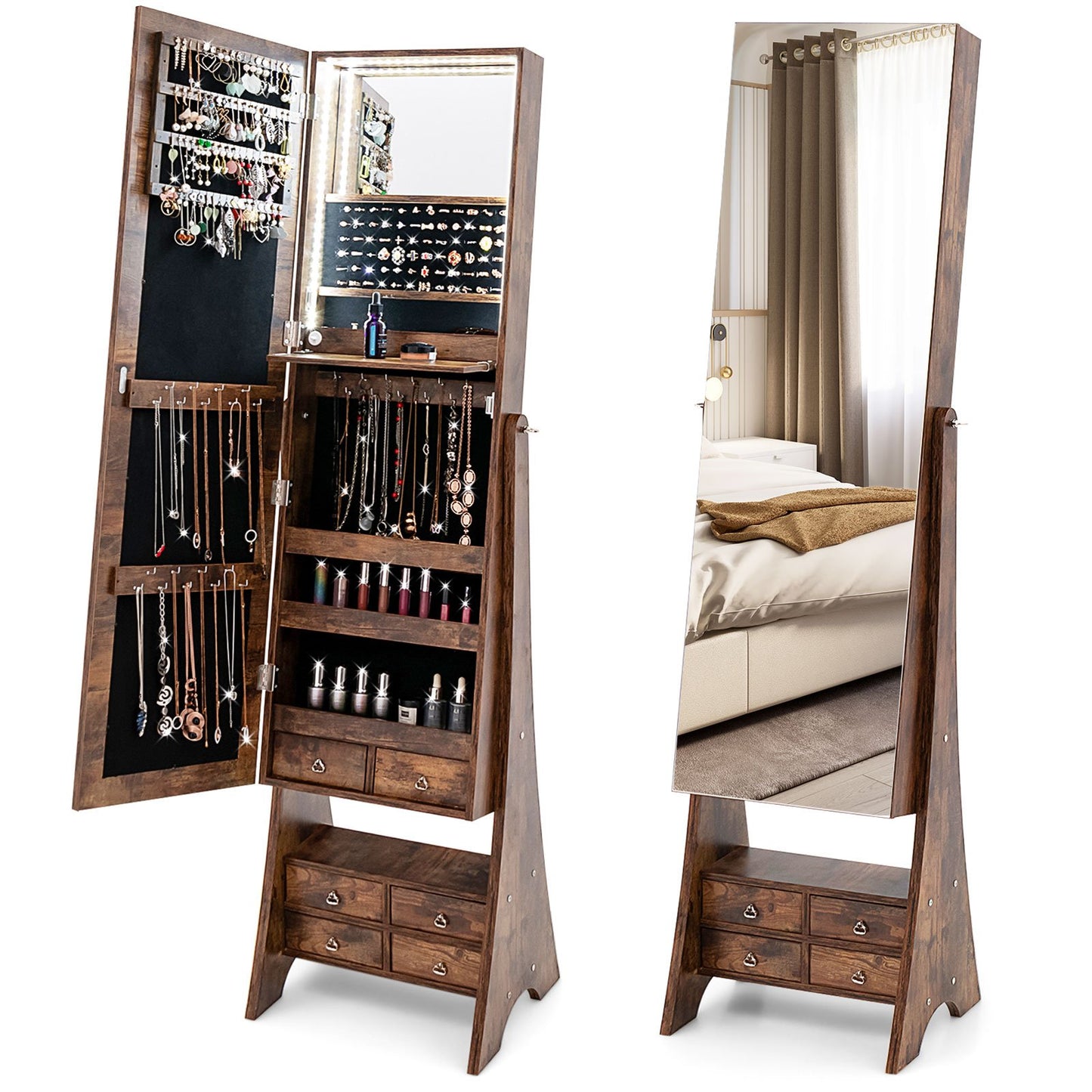 Freestanding Full Length LED Mirrored Jewelry Armoire with 6 Drawers-Black