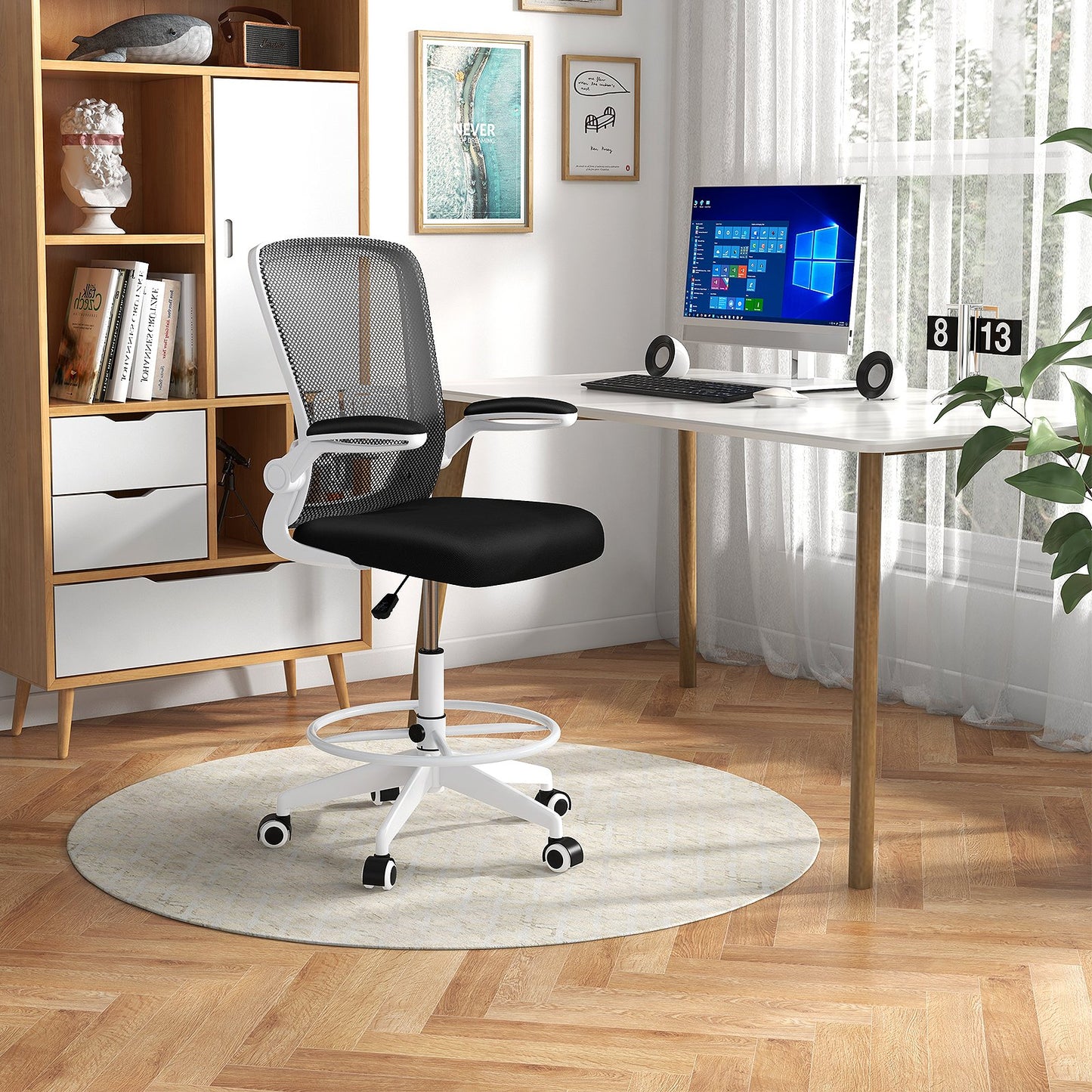 Height Adjustable Drafting Chair with Flip Up Arms-Black