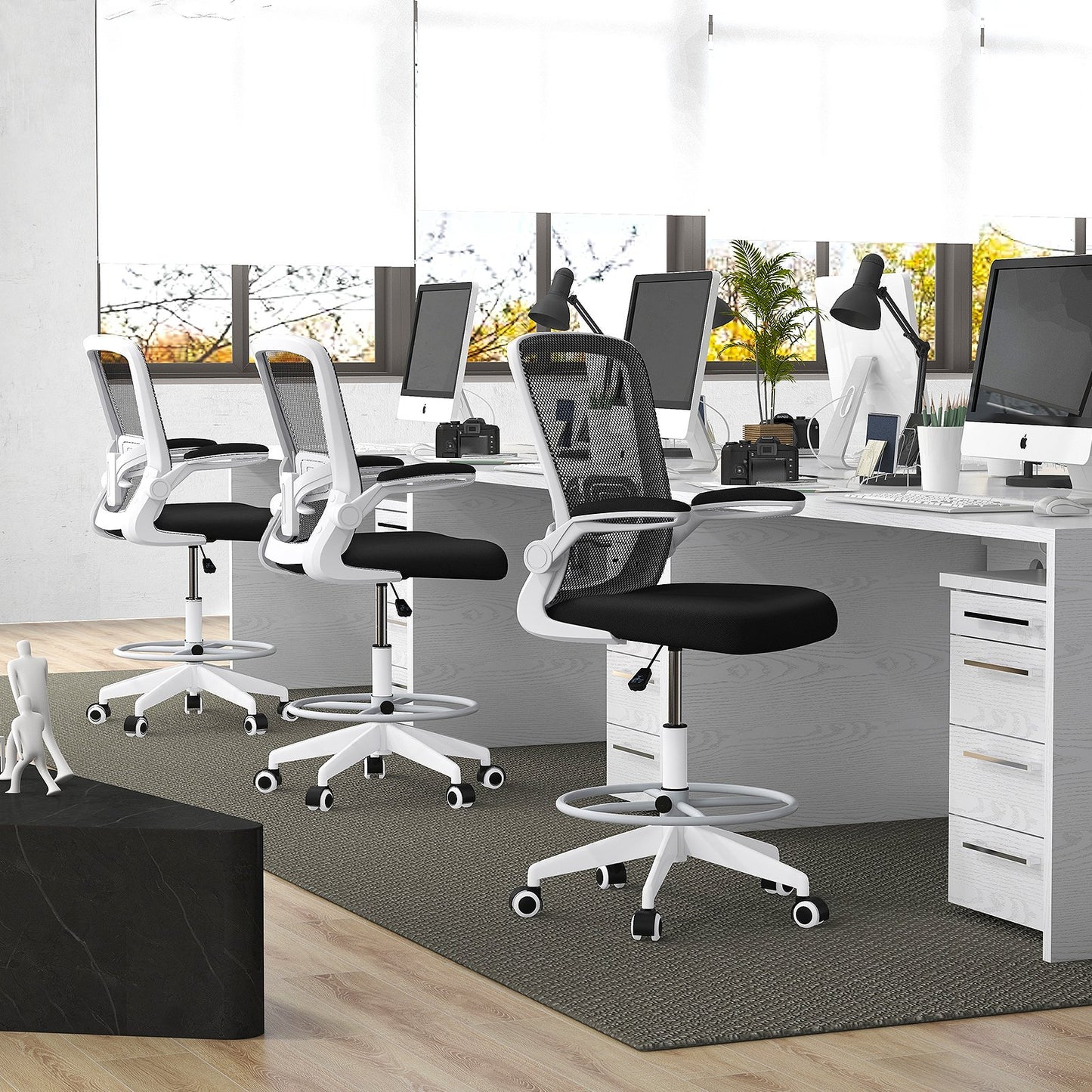 Height Adjustable Drafting Chair with Flip Up Arms-Black