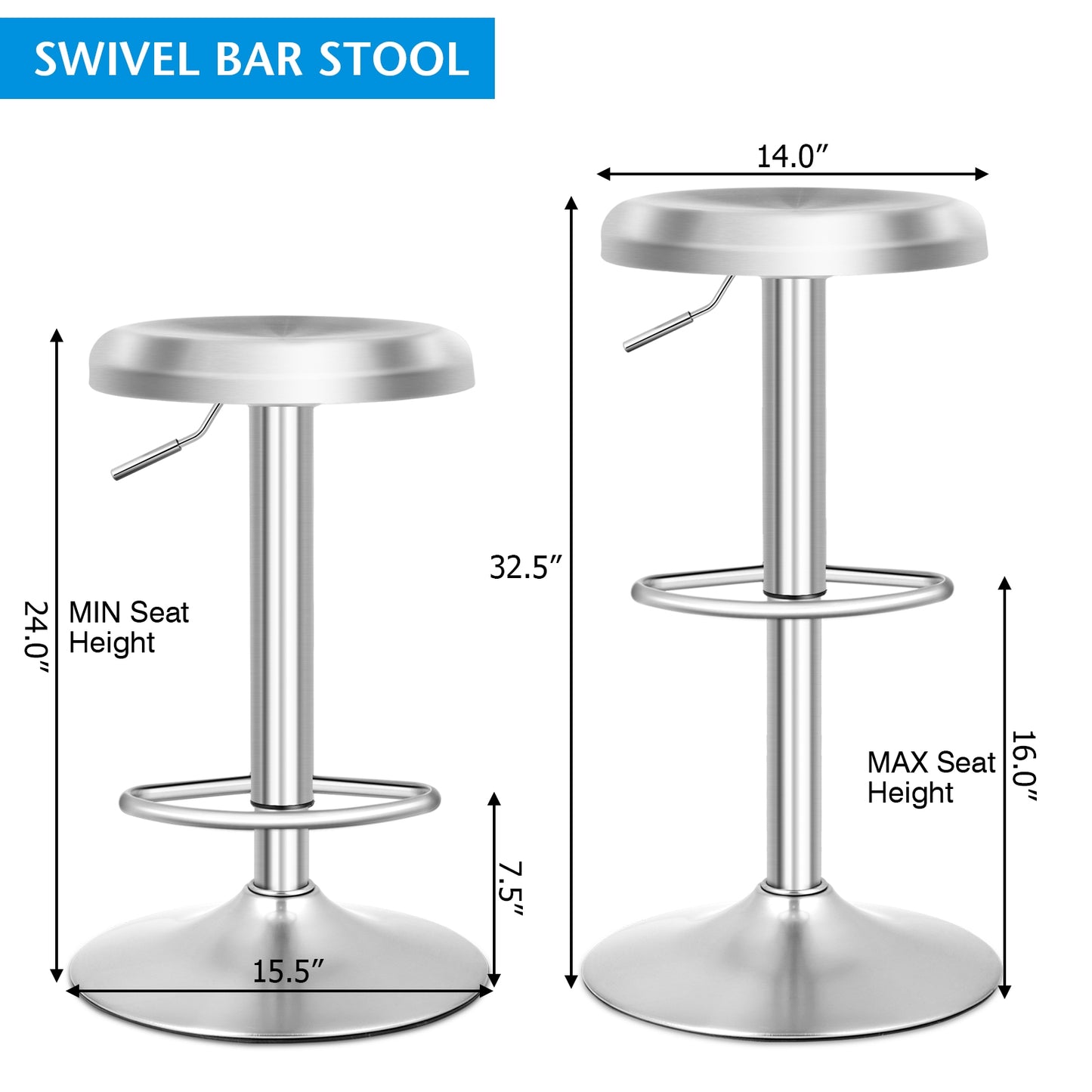Modern Swivel Adjustable Height Bar Stool with Footrest for Pub Bistro Kitchen Dining-1 Piece