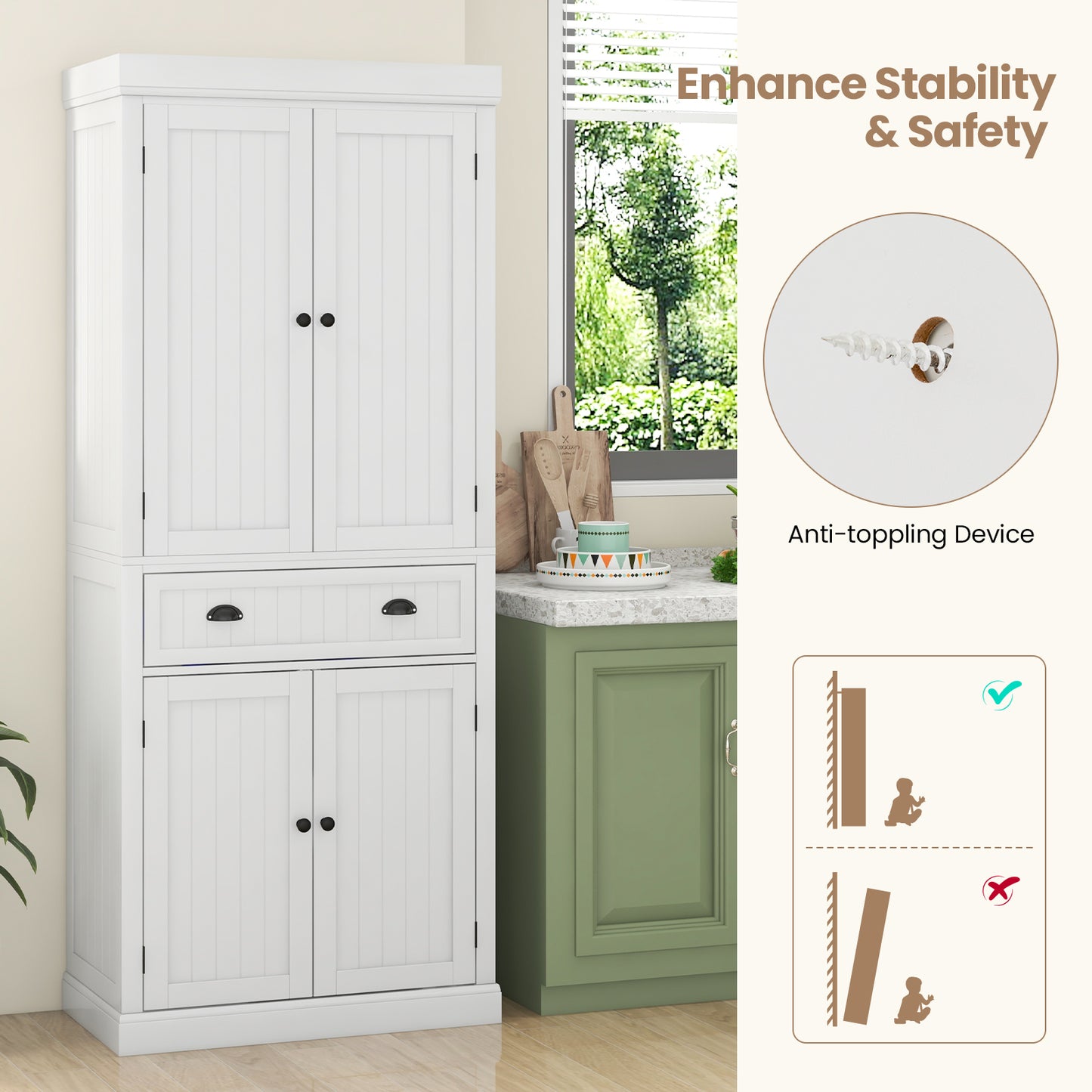 Kitchen Pantry Storage Cabinet with Doors Drawer and Adjustable Shelves-White